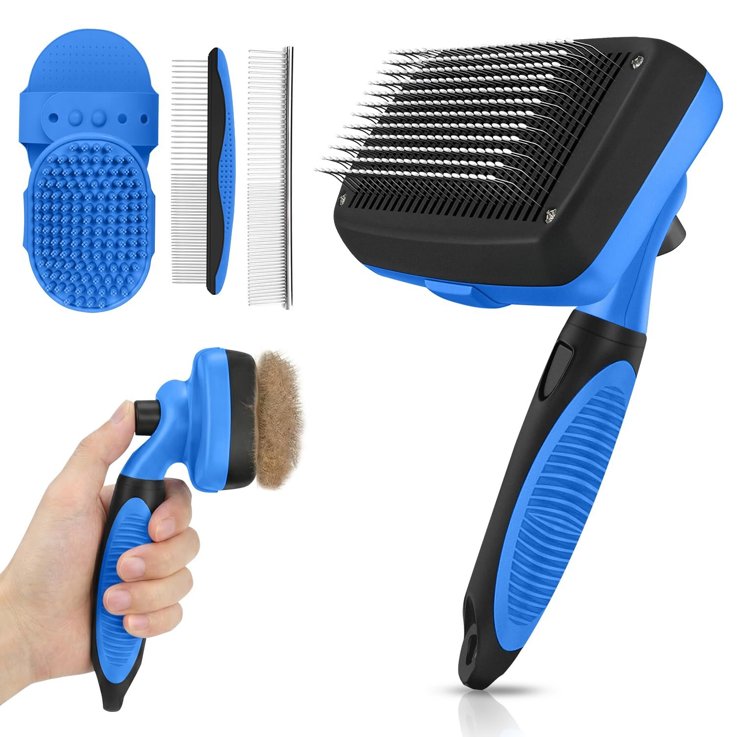 Self Cleaning Shedding Brush – 5-in-1 Professional Pet Grooming Kit Skin Friendly Grooming Tool for Dogs, Cats, and Puppies, Deshedding and Hair Removal for Long and Short Haired Pets, Blue