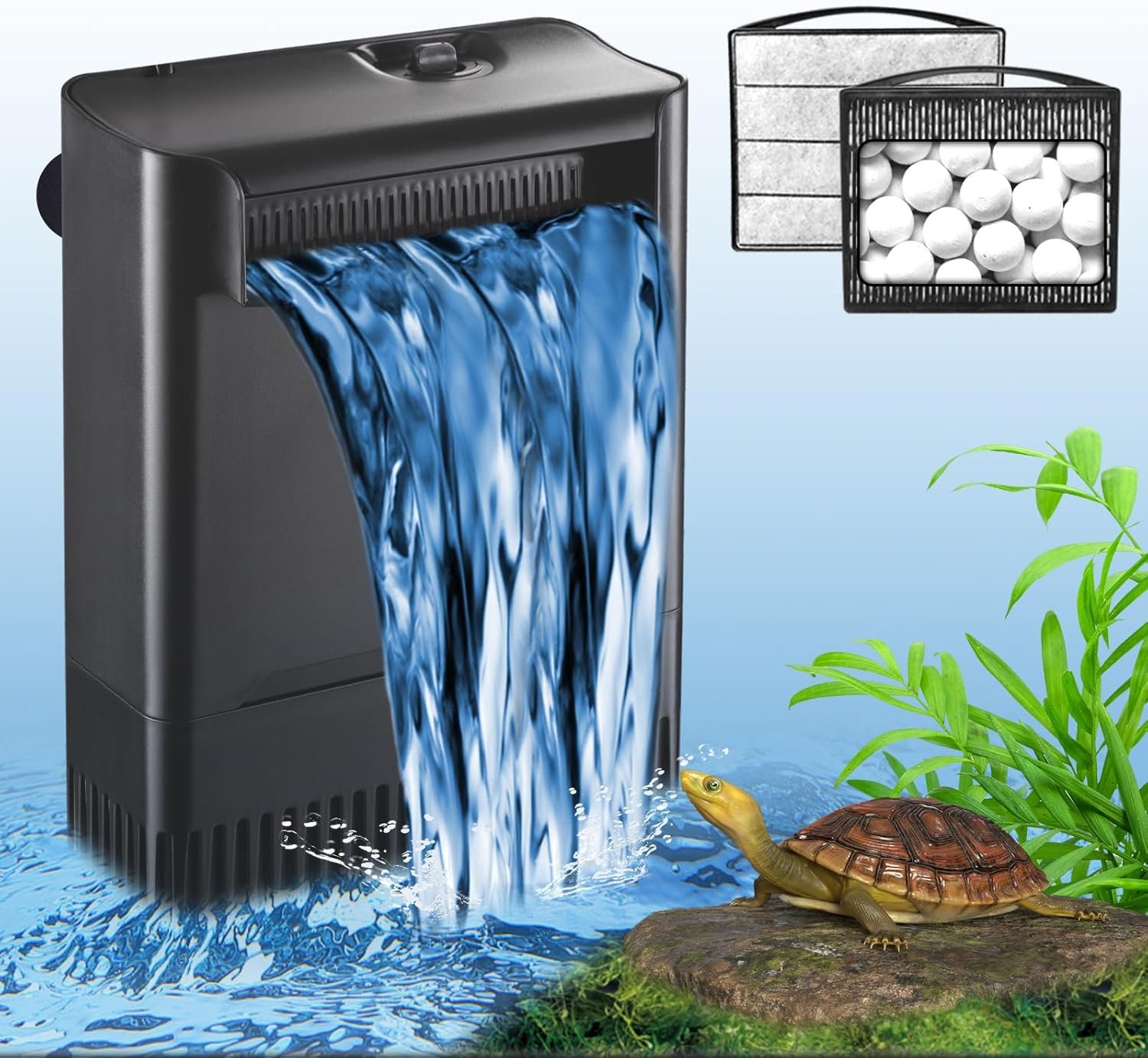 Turtle Tank Filter Aquarium Filter Power Adjustable 20-75 Gal. 290GPH Large | Internal Filter 3-Stage Waterfall Bio-Filtration Low Water Level for Freshwater Saltwater Fish Tank Reptile Shrimp Frog