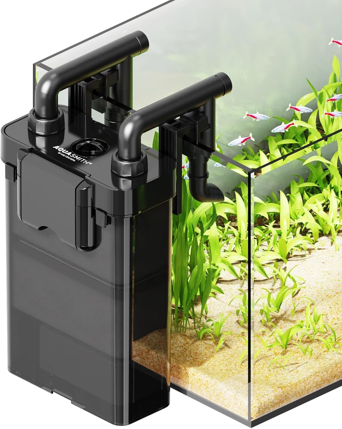 AQUASMITH Hang on Back Aquarium Filter,Ultra-Quiet Small Canister Filter,Multi-Layered Filtration,Bottom Anti-Dry Burn Motor,Extra-Large Filter (92GPH（for 5-20 Gallon）)
