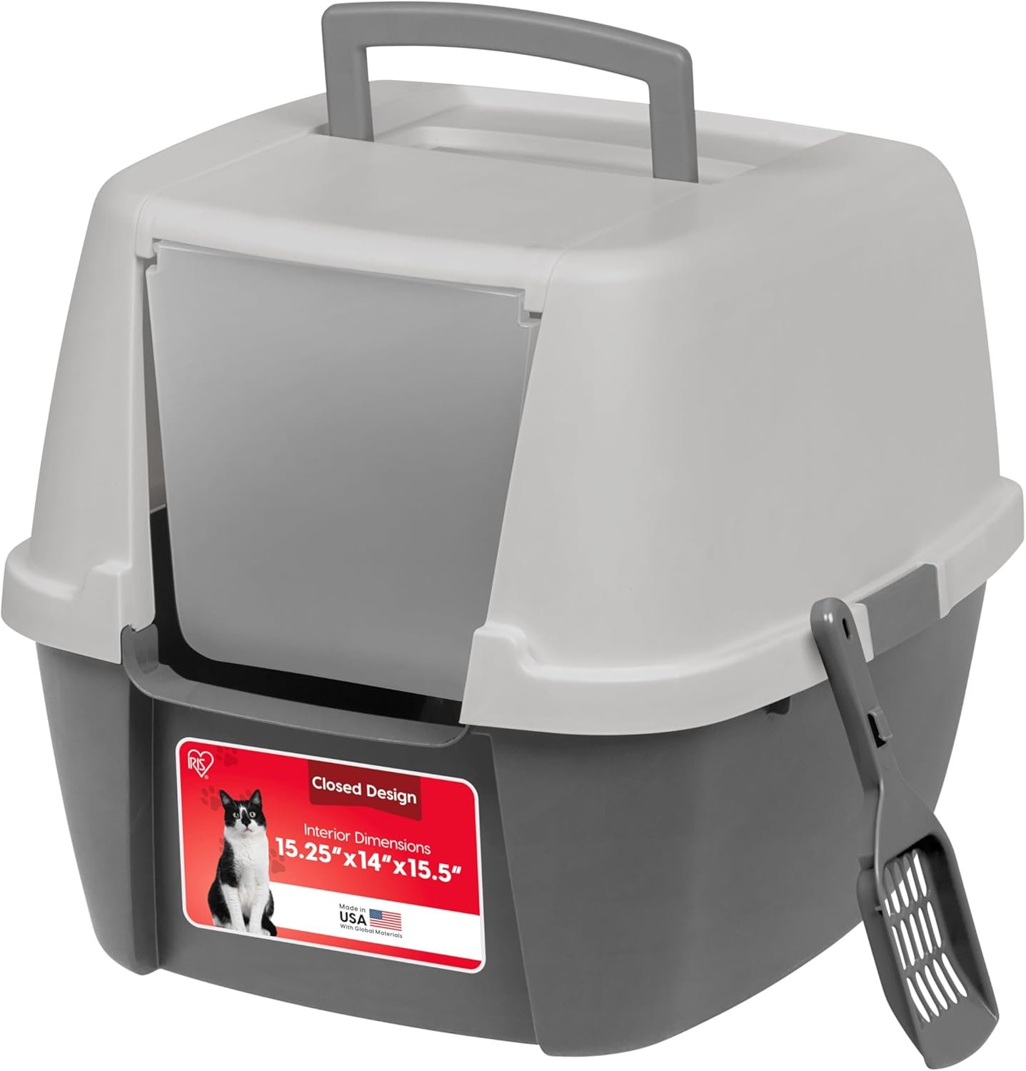 IRIS USA Large Front Door Cat Litter Box, Walk-in Entry, Gray | Easy Access Needs, Private Enclosure Design, Covered Walk-Through, Contained Environment, Privacy Hood