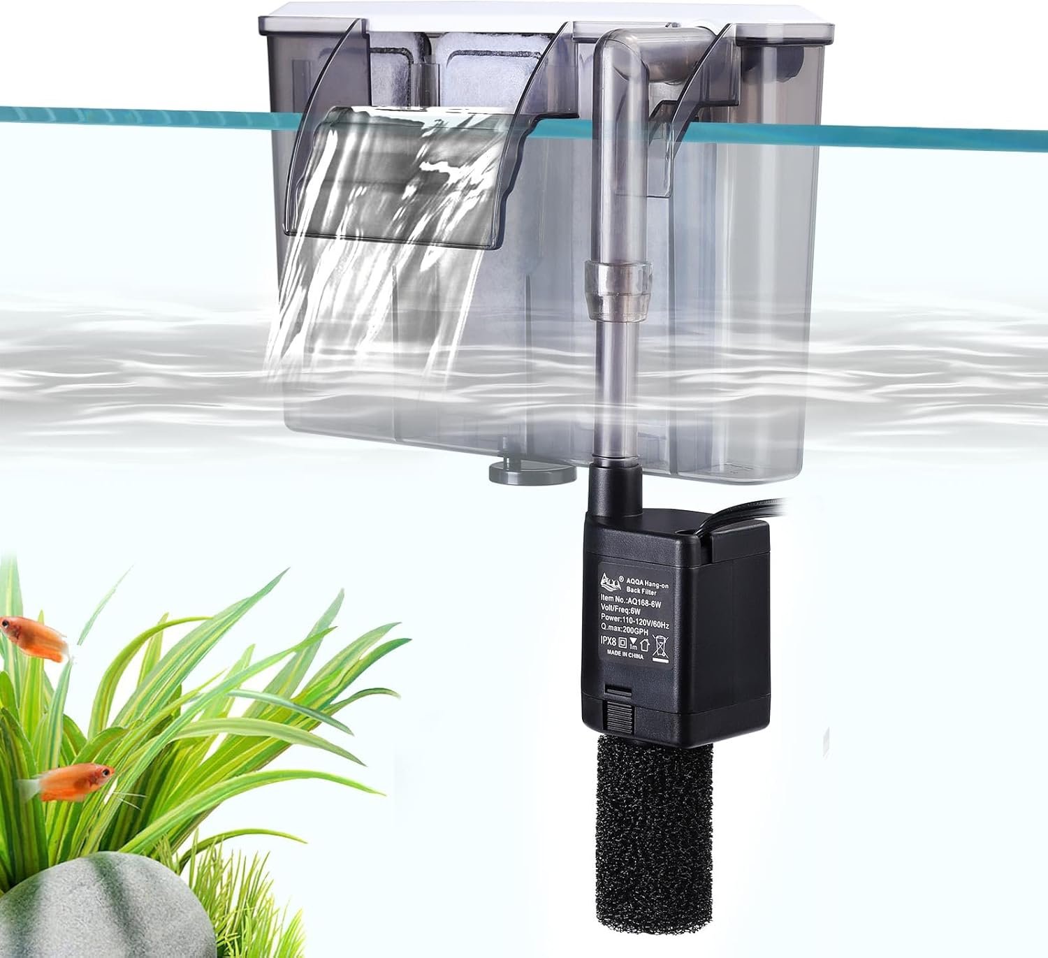 AQQA Quiet 20-30 Gallon Fish Tank Filters – Auto Start Hang on Back Aquarium Filter, 6W/ 8W Adjustable Flow, Deodorization Decontamination Filter System AQ168 (6W 158GPH)