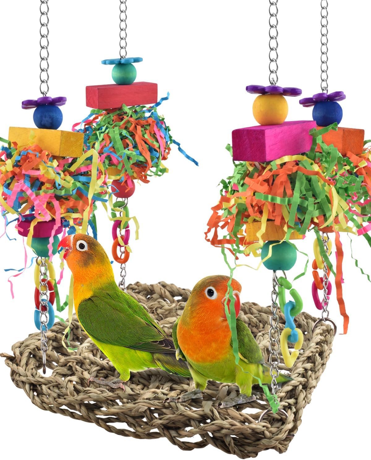 KATUMO Bird Toys, Grass Swing Hammock Climbing Toy for Parrot Parakeet | Natural Grass Swing Hammock with Colorful Chew Toys, Climbing and Resting Toys for Small and Medium Pet Birds