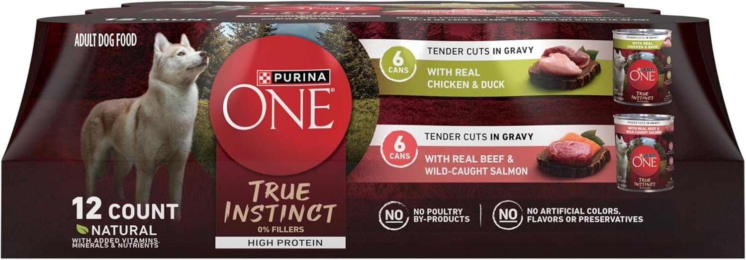Purina ONE True Instinct Tender Cuts in Gravy with Real Chicken and Duck, with Real Beef and Salmon High Protein Wet Dog Food Variety Pack – (Pack of 1) 13 oz. Cans