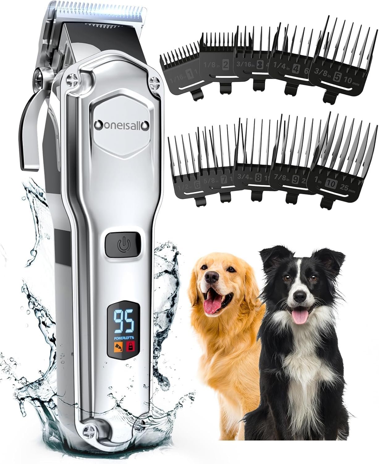oneisall Dog Clippers for Grooming Thick Heavy Coats | Low Noise,Rechargeable Cordless,Detachable Stainless Steel Blade,IPX7 Waterproof,10 Guide Combs,for Thick/Double/Curly Hair