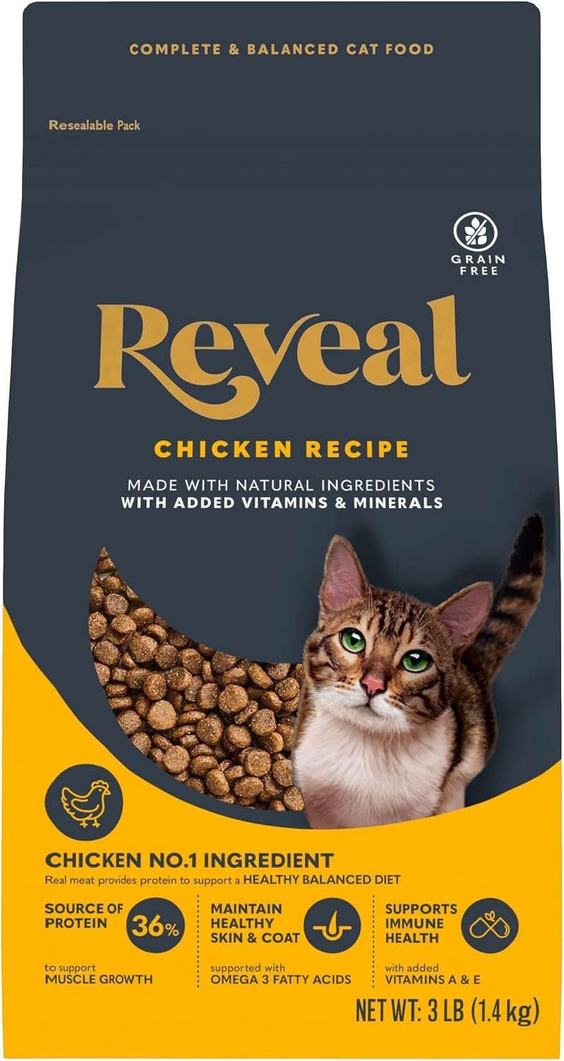 Reveal Chicken Grain Free Complete Dry Cat Food 3 lb Bag | High Quality Protein, Grain Free, Omega-3 Fatty Acids for Healthy Skin & Coat, Added Vitamins & Minerals, Complete & Balanced
