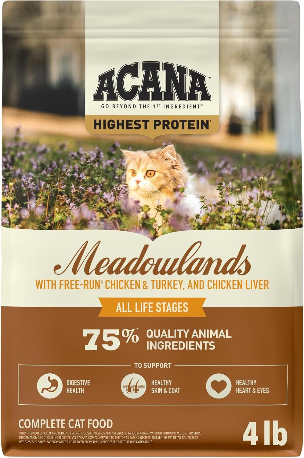 ACANA Grain-Free Dry Cat Food Meadowlands Chicken Turkey Fish and, 4lb Bag | Grain Free, High Protein, Includes Probiotics, Digestive Health, Free-Run Poultry, World’s Finest Ingredients