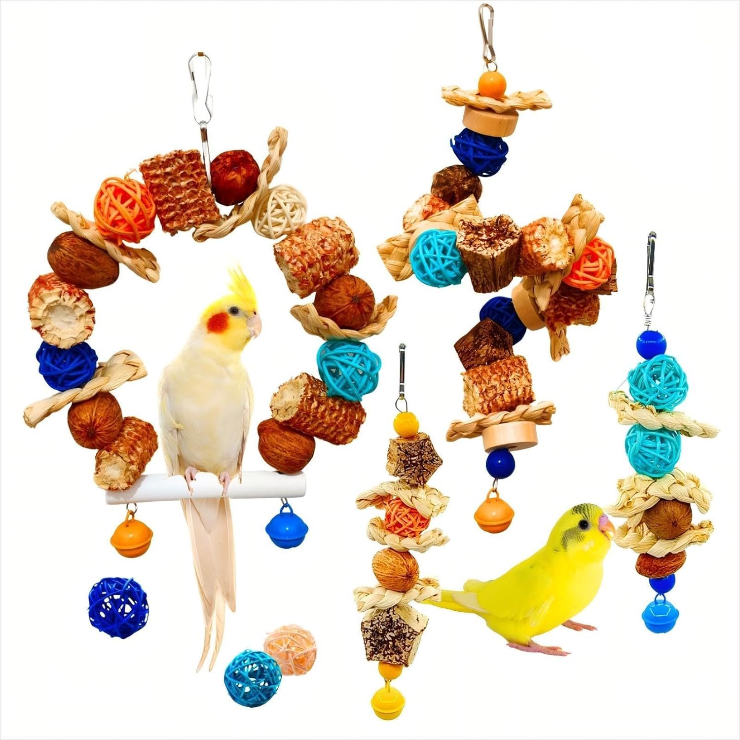 Parakeet Parrot Swing Toys,Bird Cage Hanging Chewing Toys | Natural, Parrot Foraging Toys, For Budgerigar Conure Cockatiel LoveBirds Finches