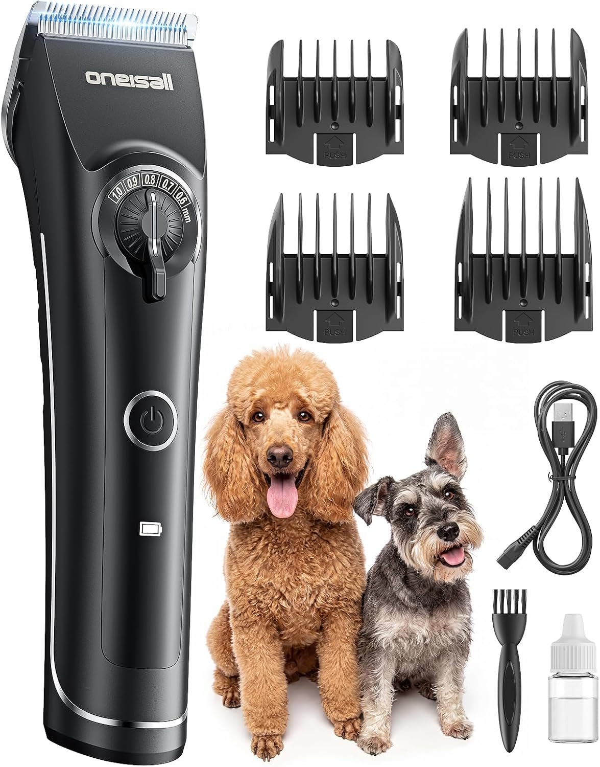 oneisall Dog Clippers for Grooming Thick Heavy Coats | Low Noise,5 Blade Lengths,Detachable Blade,Fits Wahl’s 3379,3332-3339 Metal Guards,Long Battery Life,High-Speed,4 Guide Combs