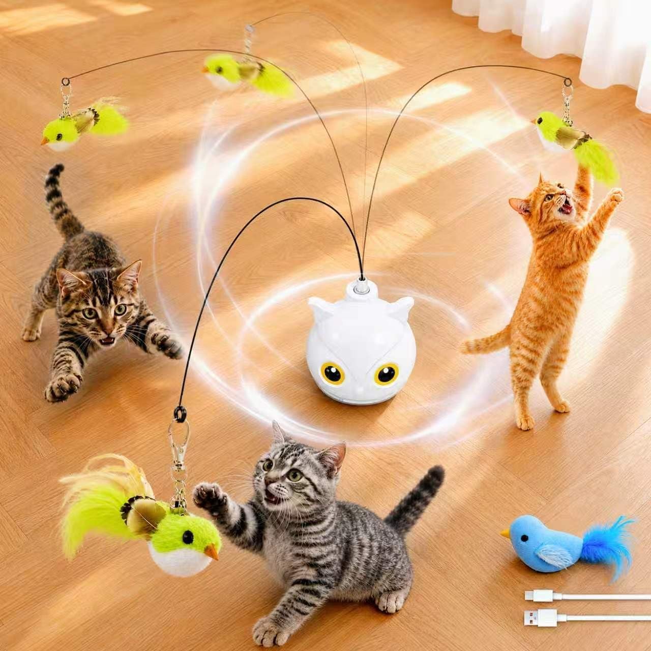 Interactive Cat Toys for Indoor Cats – Automatic Flying Bird Feather Toy with Sticky Suction Base, USB Rechargeable 360° Electric Cat Teaser, Touch Activated Self-Play Toy for Bored Cats