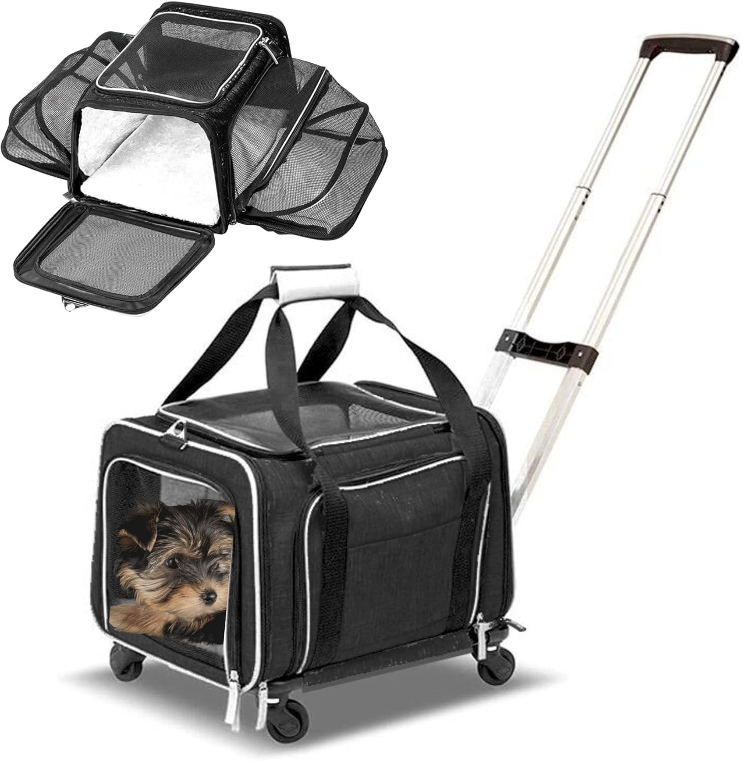 RUFF LIFE 101 Airline Approved Expandable Premium Pet Carrier on Wheels- Two Sided Rolling Carrier- Designed for Dogs & Cats- Extra Spacious Soft Lined Carrier! (Black) (RL-PET-CARRIER-WHEELS)