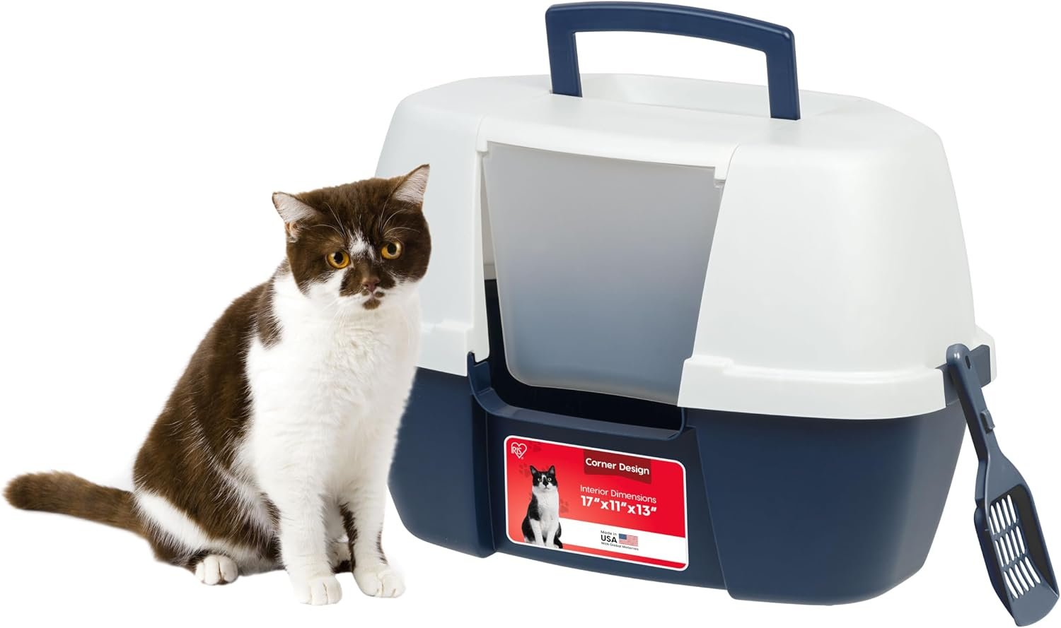 IRIS USA Large Corner Cat Litter Box, Space Saver, Navy/White | Small Apartments, Triangular Footprint, Compact Triangle Shape, 90-Degree Design, Odor Defensive, Hidden Placement