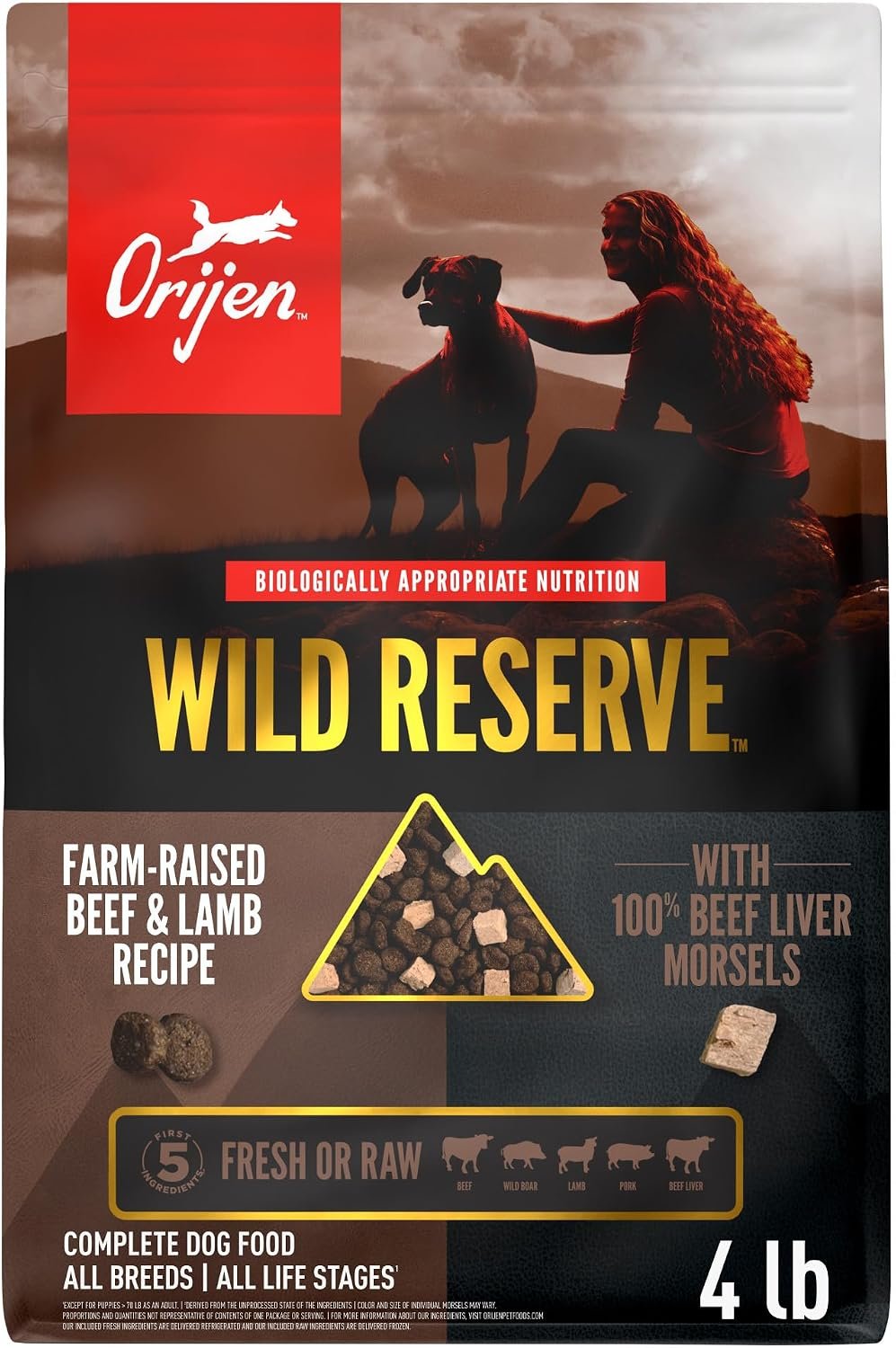 ORIJEN Wild Reserve Dry Dog Food Farm-Raised Beef & Lamb Recipe 4lb. Bag | WHOLEPREY Ingredients, Freeze Dried, Fresh or Raw Ingredients, High Protein, Made in the USA, Skin & Coat, Digestive Health