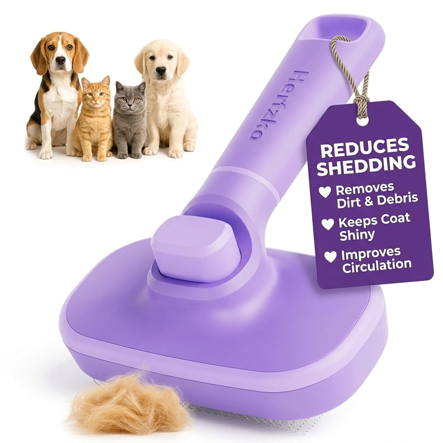 Hertzko Self Cleaning Slicker Brush for Dogs and Cats – Pet Hair Brush for Shedding Long and Short Hair – Easy Clean Retractable Bristles – Cat and Dog Grooming Tool – Purple