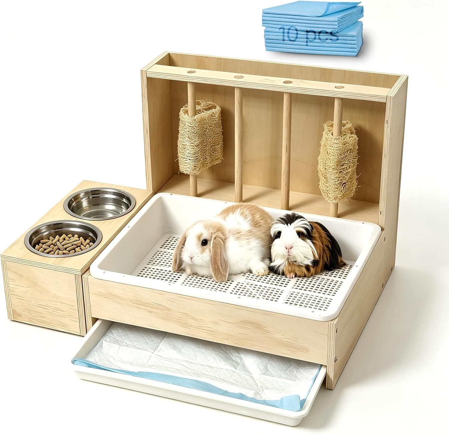 3 in 1 Rabbit Litter Box with Removable Hay Feeder, Separation Litter Box | Removable Hay Rack Feeder & Urine Waste Separation Bunny Toilet for Guinea Pigs, Chinchillas, Hamsters Rabbits – Less Mess