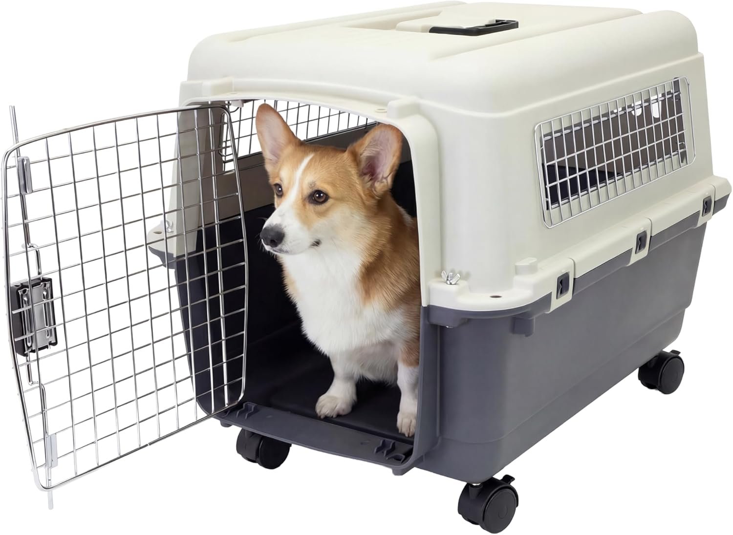 SportPet Airline Compliant MEDIUM 24.25″ Travel Dog Kennel-Durable Plastic Airline Pet Carrier w/Removable Wheels & Food Bowls, Collapsible Indoor/Outdoor Dog Kennel, Dogs up to 23″L & 15″H-Cream/Gray