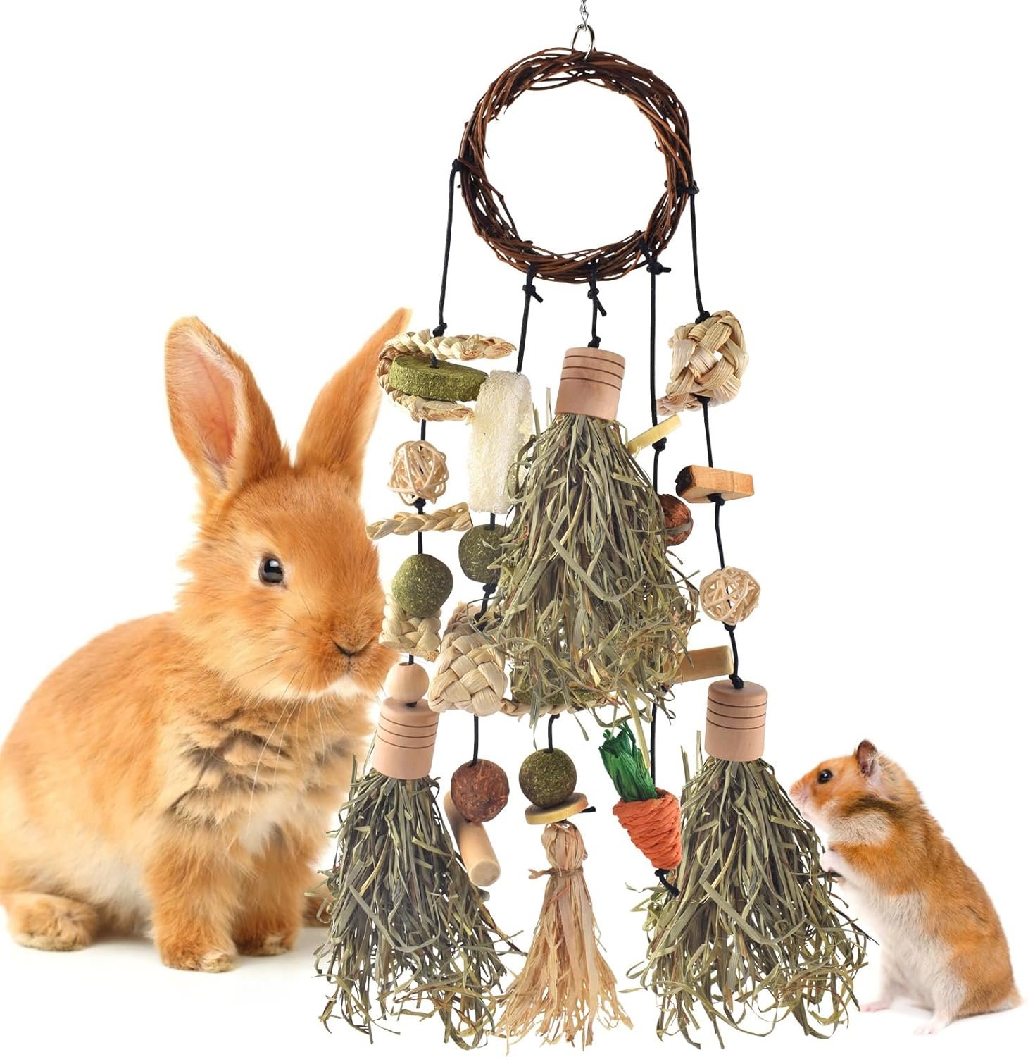 Bissap Rabbit Chew Toy Snack for Small Pet | Bunny Cage Hanging Chewing, Natural Teeth Grinding Toy Treat, for Guinea Pig Chinchilla Hamster Rat (Timothy Hay & Vine)
