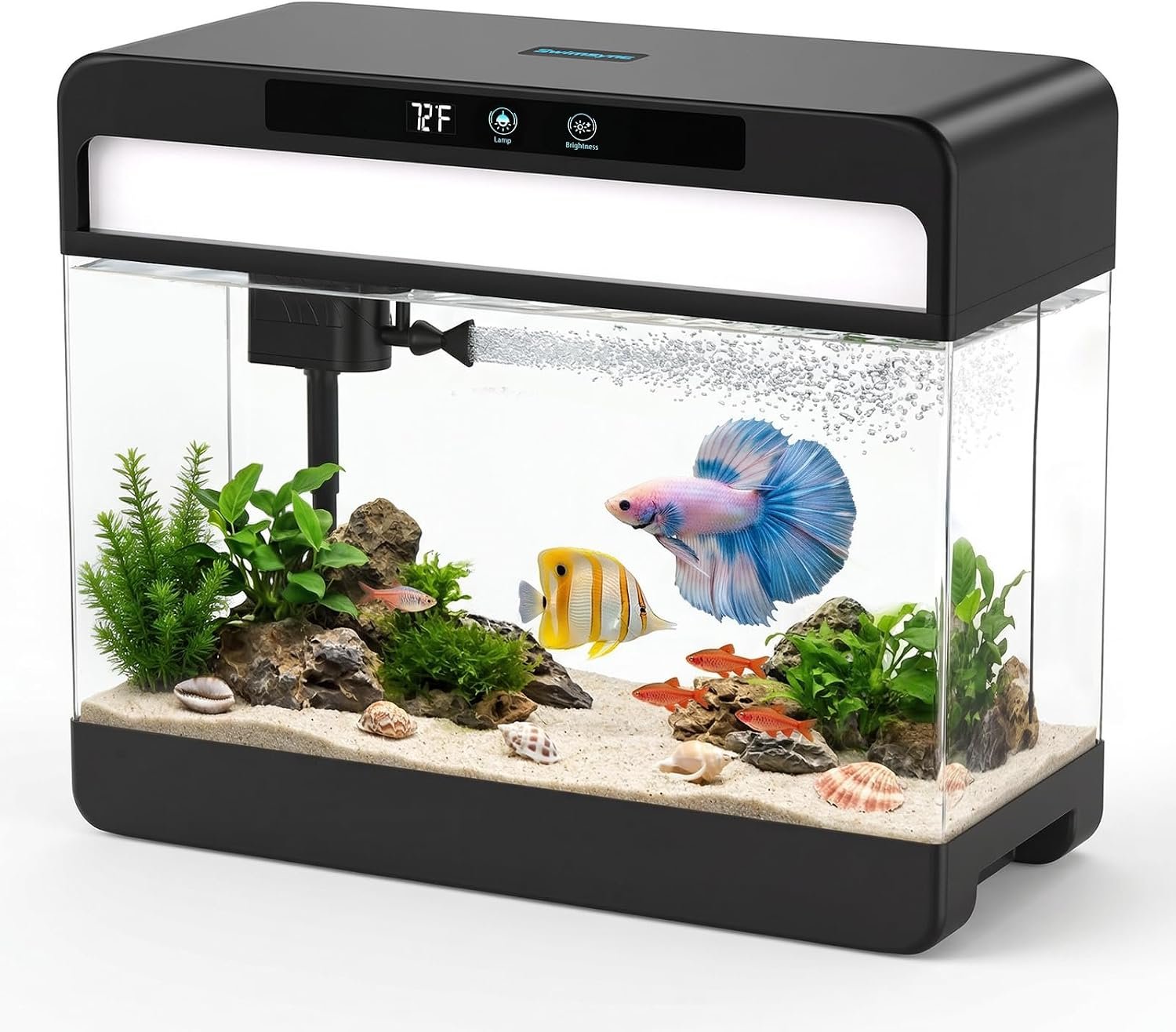 Fish Tank Starter Kit, 3 Gallon Smart Aquarium for Betta, Black | 3-in-1 Silent Water Pump with Filtration & Circulation & Oxygenation, Temperature Display, 7 Colors LED Lights