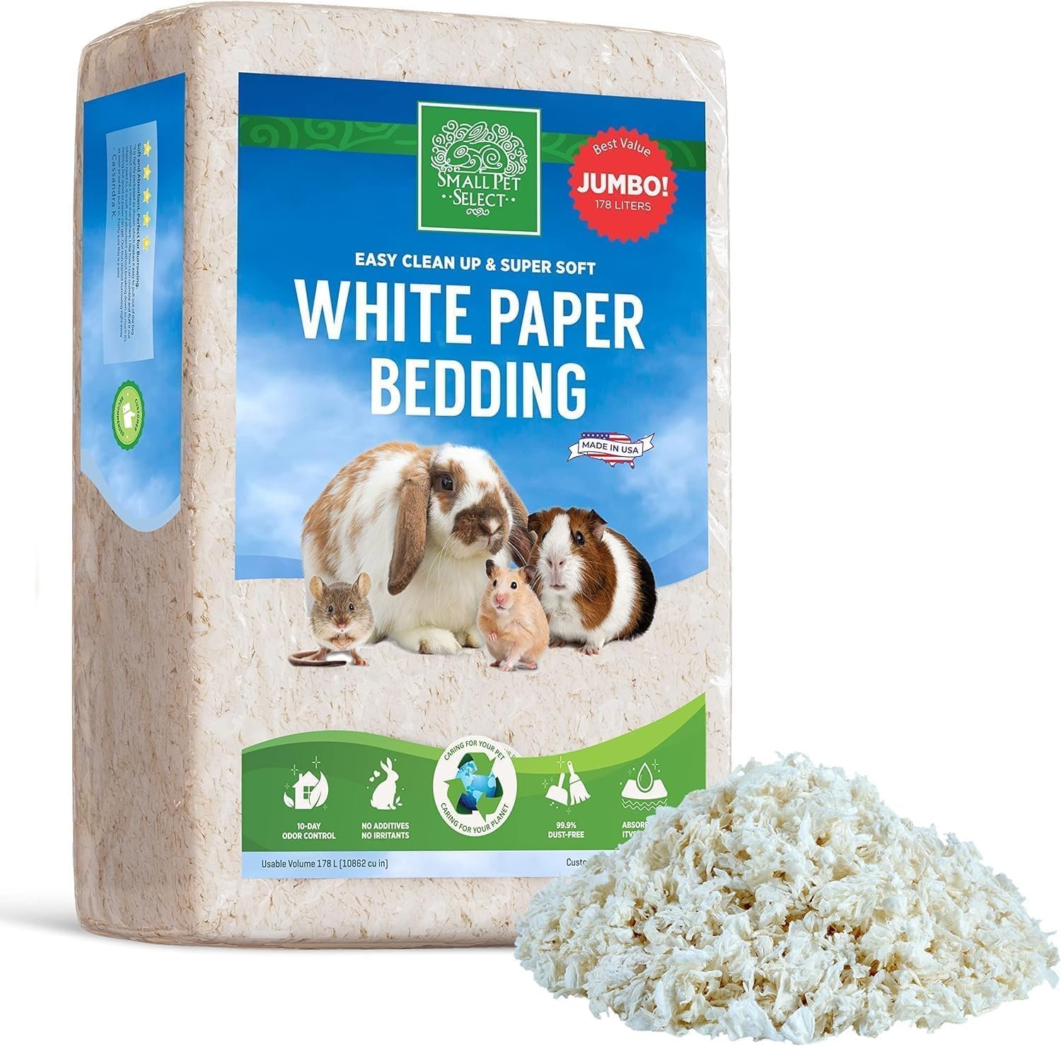 Small Pet Select Unbleached White Paper Bedding, 178L | Soft Absorbent Natural Bedding, Odor Control, Made in USA, For Guinea Pigs, Rabbits, Hamsters & Small Pets