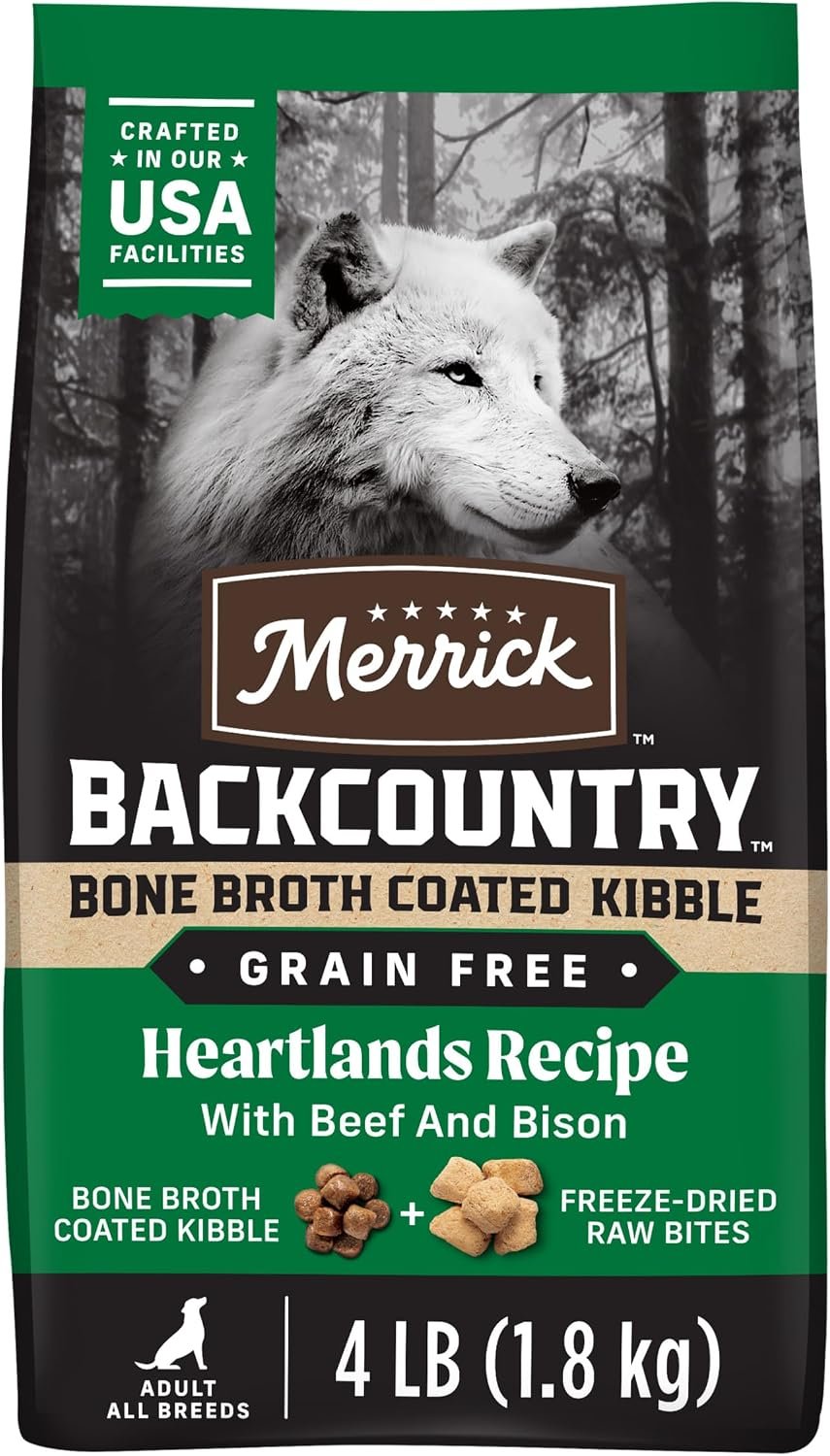 Merrick Grain Free Dry Dog Food Backcountry Bone Broth Coated Kibble Heartlands Recipe with Beef and Bison – 4 lb. Bag