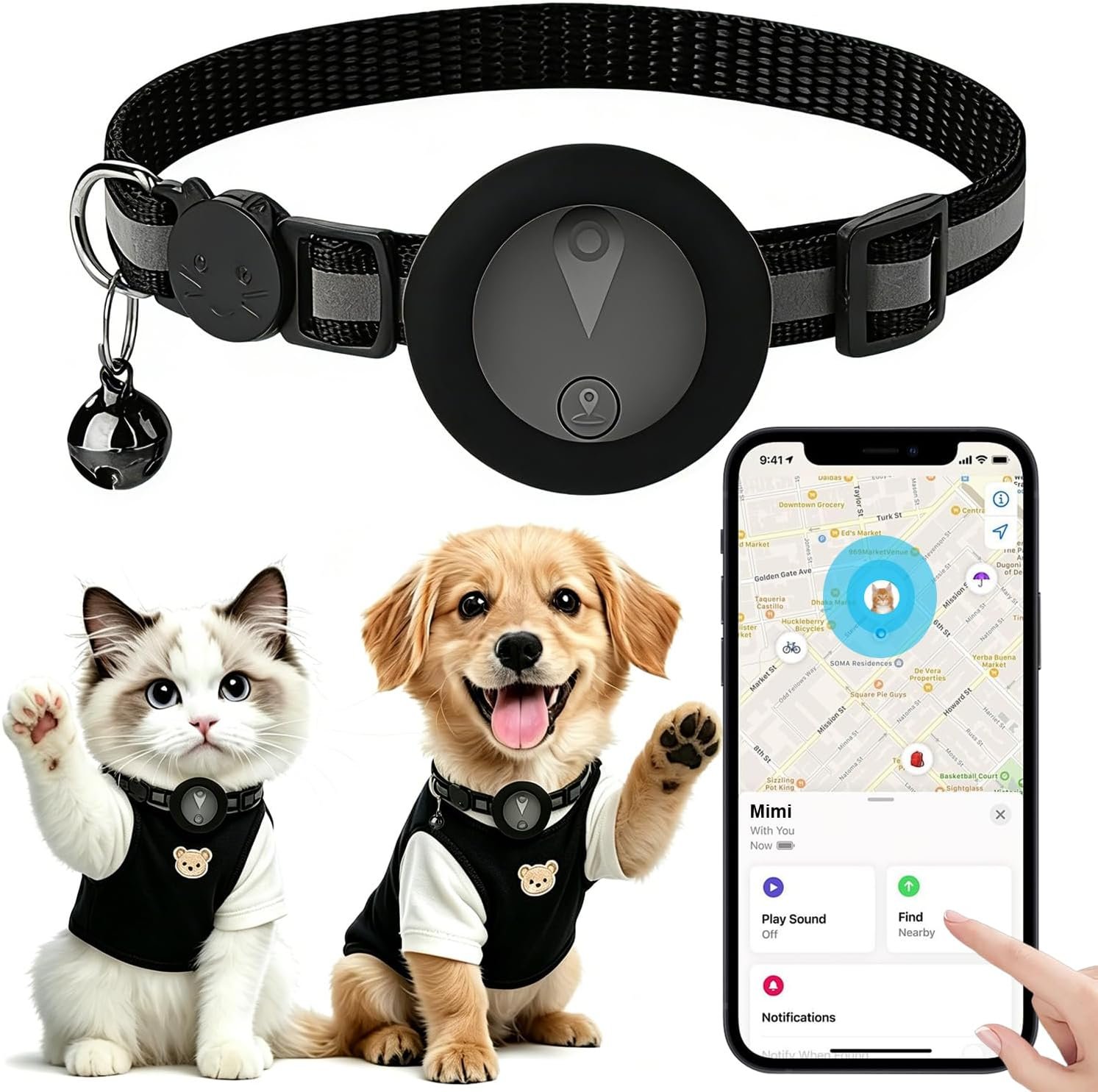 Pet GPS Tracker Collar for Cats,Mini GPS Dog Tracker,No Monthly Fee Location,Smart Pet Activity Tracker,Works with Apple iOS Find My,IP67 Waterproof Finder Tag Global Tracking