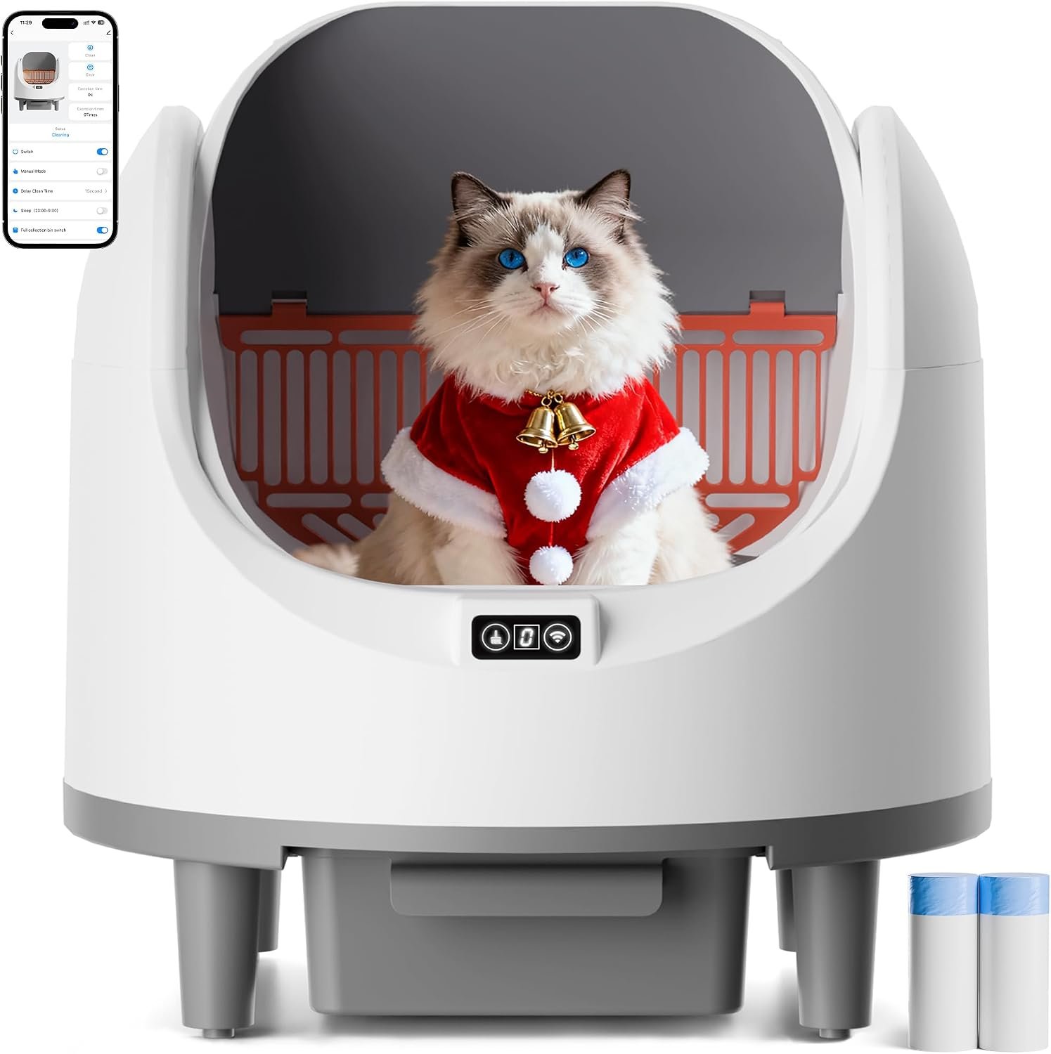 Bashaw Self Cleaning Litter Box, Large Capacity Automatic Litter Box for Multiple Cats, App Control, Safety Sensors, 2 Rolls of Garbage Bags (White)