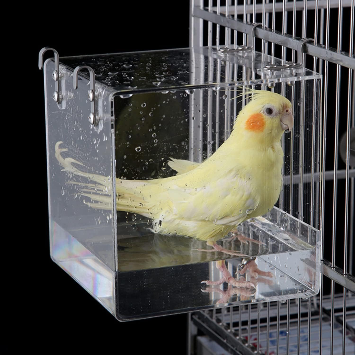 GURECOD Hanging Bird Bath Cube Bird Bathtub Bath Shower Box Bowl Cage Accessory for Little Bird Canary Budgerigar Parrots Crested Myna Cockatiel Lovebird Parakeet Bath (Small)