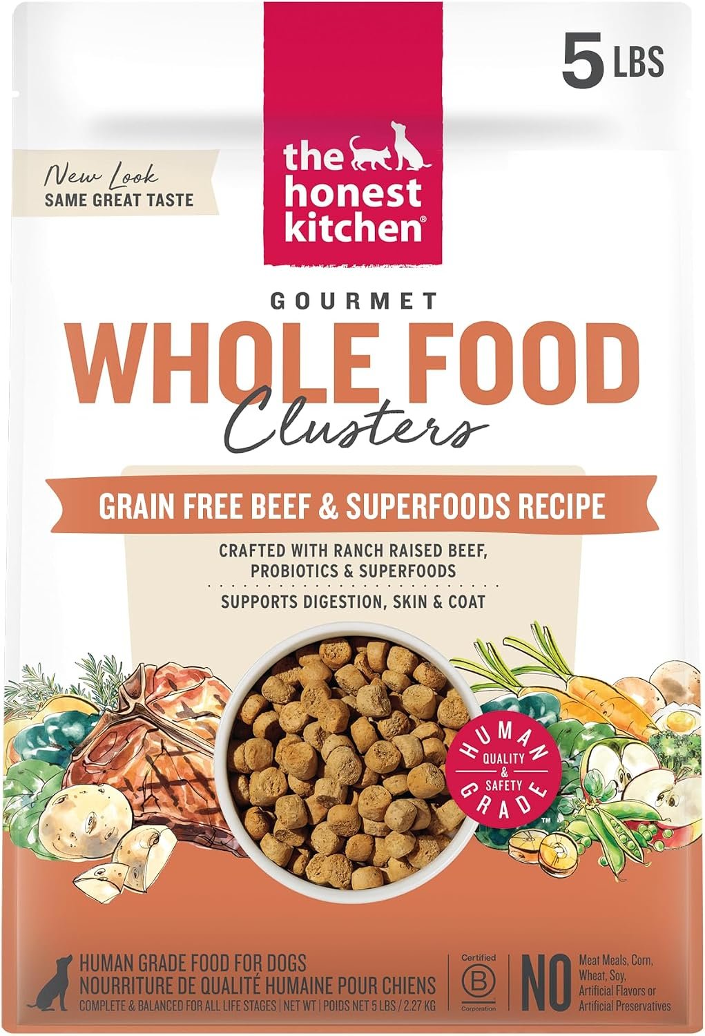 The Honest Kitchen Grain Free Beef & Superfoods Whole Food Clusters, Human Grade Dry Dog Food, Vet-Crafted Nutritional Support for Skin, Coat, Digestion & Overall Wellness, 5 lb Bag