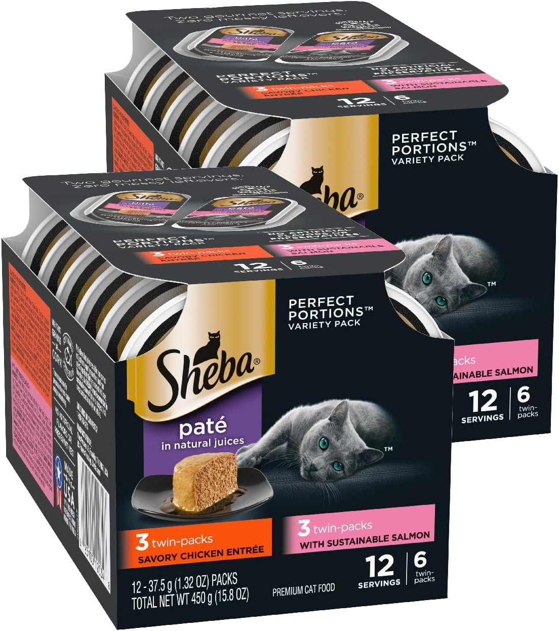 Sheba Perfect Portions Pate Wet Cat Food, Multipack, 2.6 oz, 6 ct, 2pk | Grain-free, Chicken & Sustainable Salmon, no fillers, no artificial flavors, made in USA, real meat, twin-pack trays