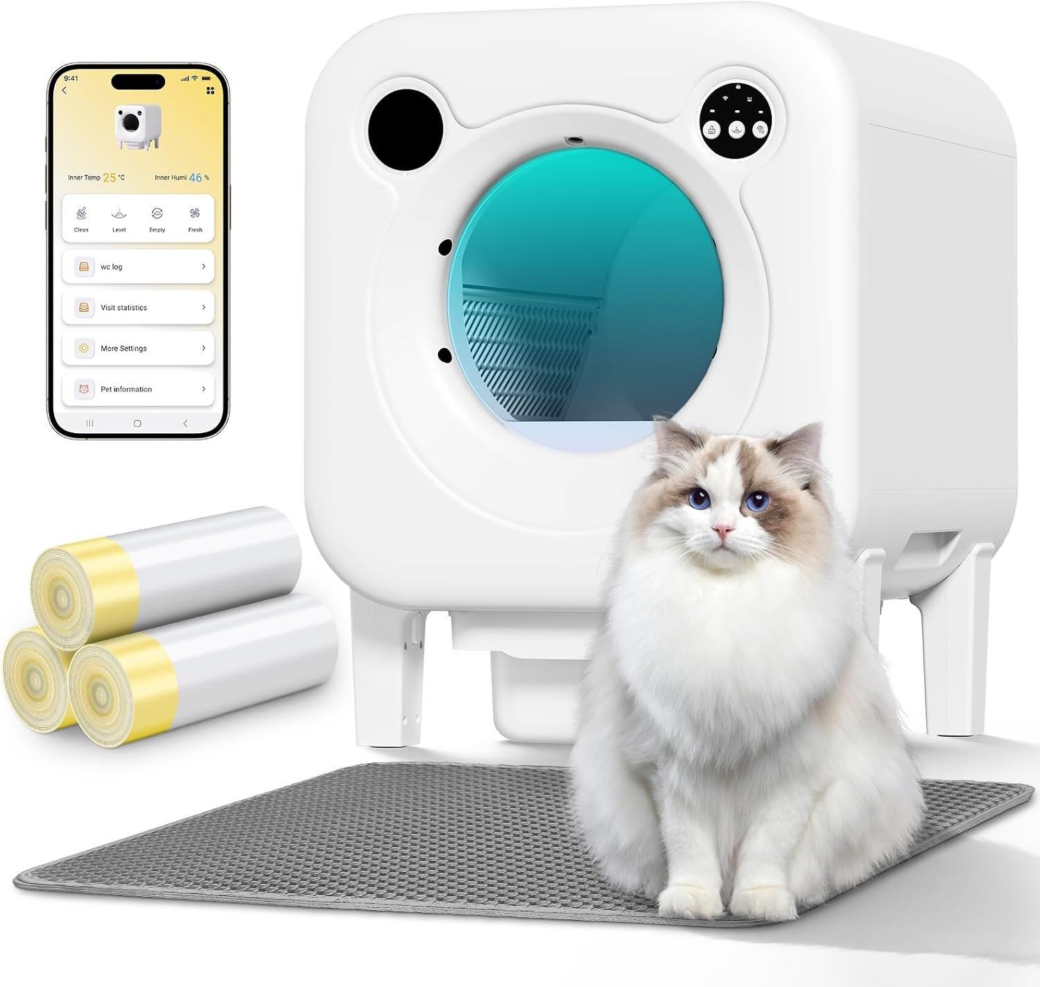 Self Cleaning Litter Box, 4 in 1 Security-System Automatic Robot | 75L+12L Extra Large Space, Multiple Cats, APP Control, 1 Cat Litter-Mat, 3 Rolls Cats Waste Bag Liners