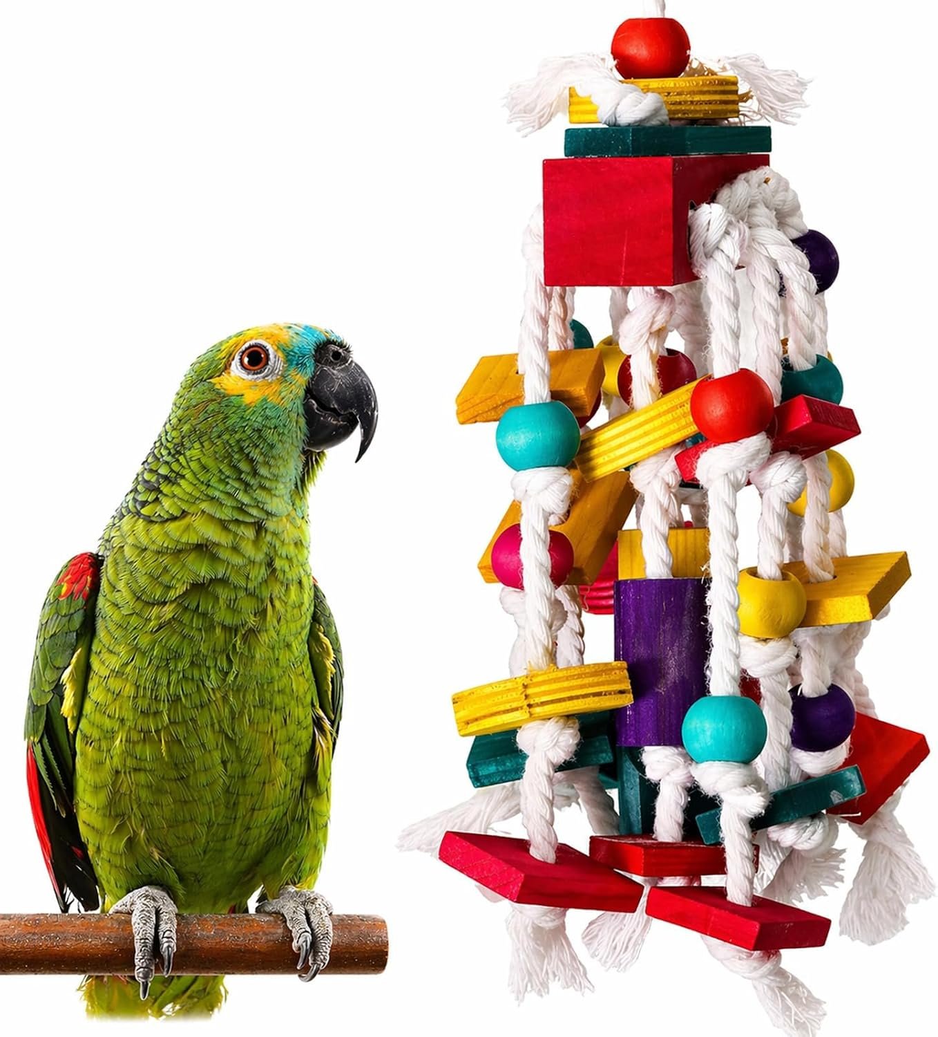 Rypet Large Parrot Cage Toy, Wood Rope Bite Toy for Cockatiels Conures | Natural Wood Blocks, Durable Rope, Cotton Knots for Chewing, Hanging Play for Large Birds