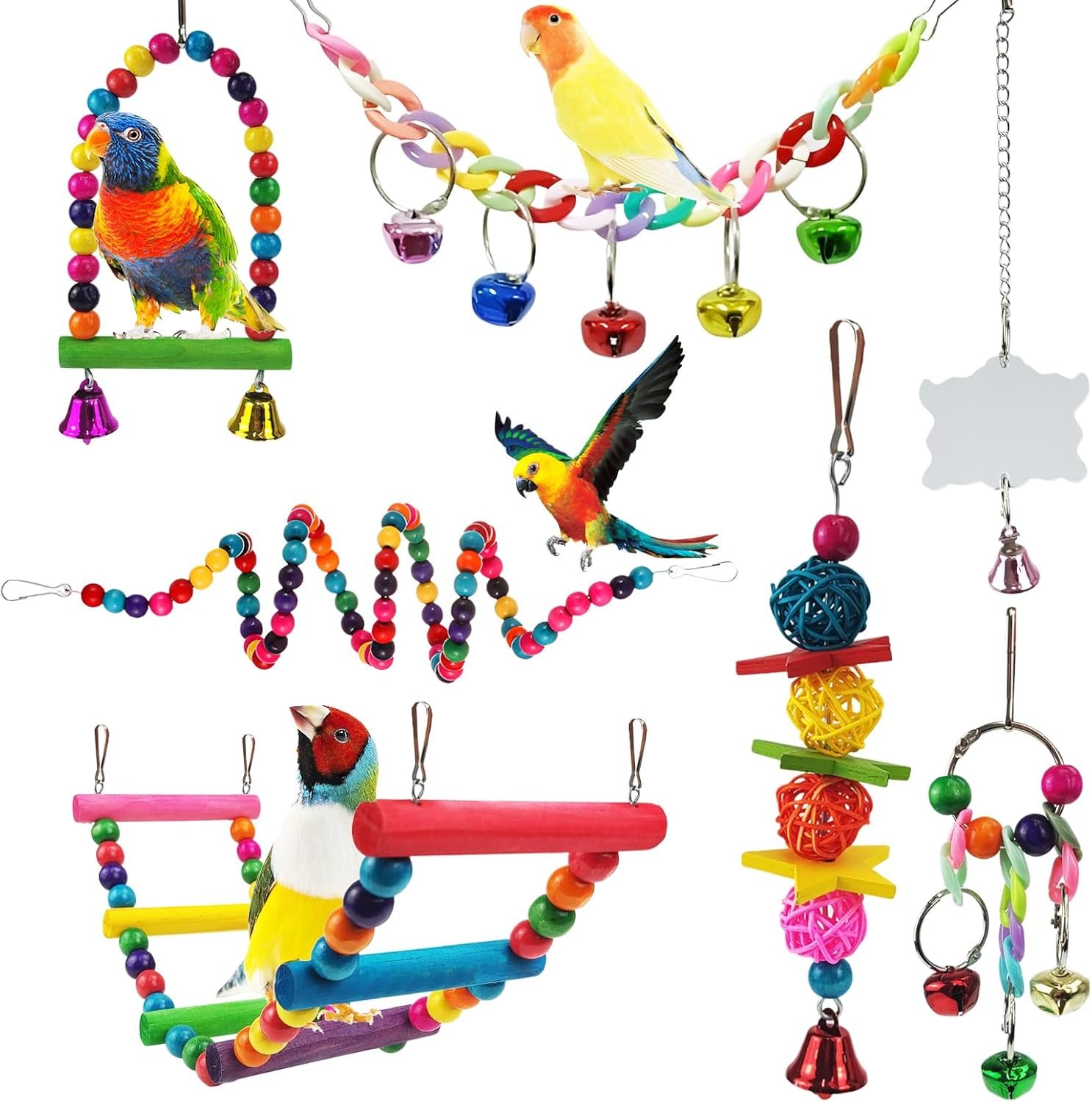 Parakeet Toys,7 Pcs Colorful Bird Toys for Parakeets,Pet Bird Cage Hammock Swing Climbing Ladders Chewing Toy Mirror Hanging Bell Wooden Perch for Budgerigar,Conures, Love Birds,etc | Swing Climbing Ladders Chewing Toy Mirror Hanging Bell Wooden Perch, for Budgerigar,Conures, Love Birds,etc