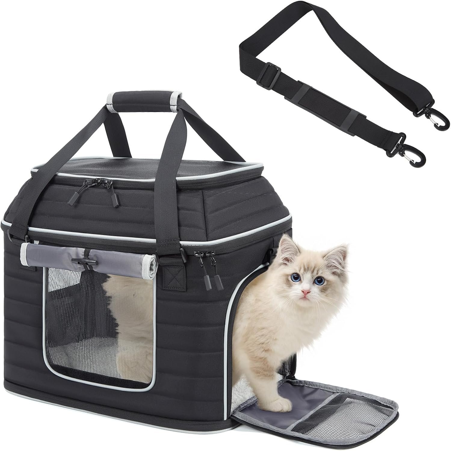 Top-Expandable Pet Carrier: NOBLE DUCK Airline Approved Pet Travel Bag for Cats/Dogs Up to 20 Lbs | Soft-Sided, Multi-Sided Breathable with Anti-Escape Zipper & Privacy Curtain to Reduce Stress