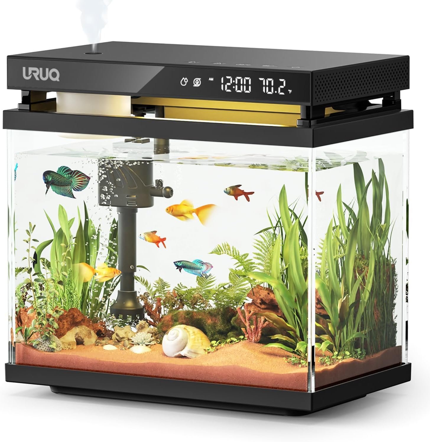 URUQ Fish Tank Smart Aquarium Kit 2 Gal UHD Glass Aroma Diffuser – Black | Silent Water Pump, Temperature Monitoring, 7 Color Lights, Multi-Layer Filtration, Room Desktop Decor