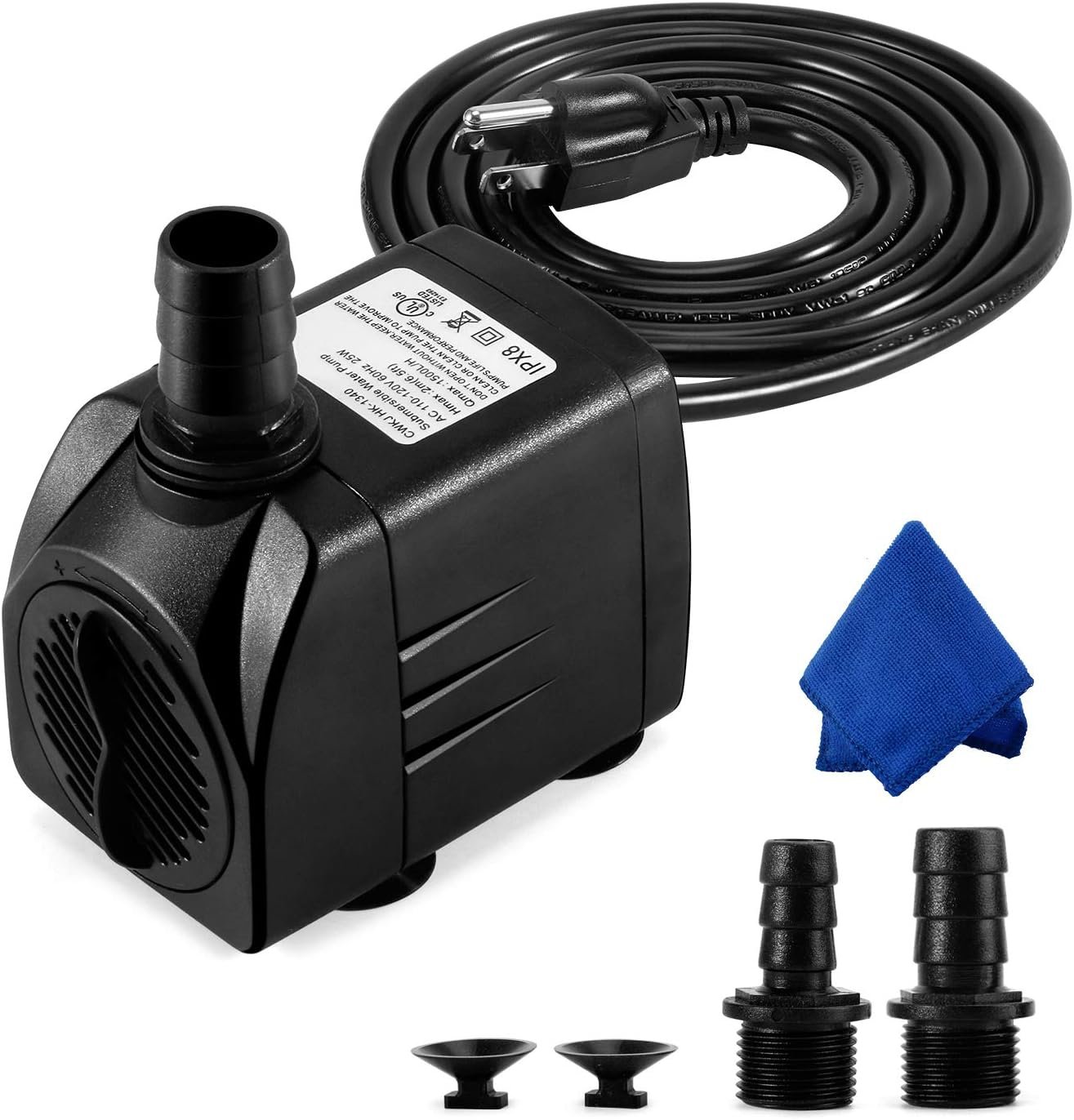 CWKJ Fountain Pump, 400GPH Submersible , Durable 25W Outdoor Water Pump with 6.5ft Power Cord, 3 Nozzles for Aquarium, Pond, Fish Tank, Water Pump Hydroponics, Backyard Fountain