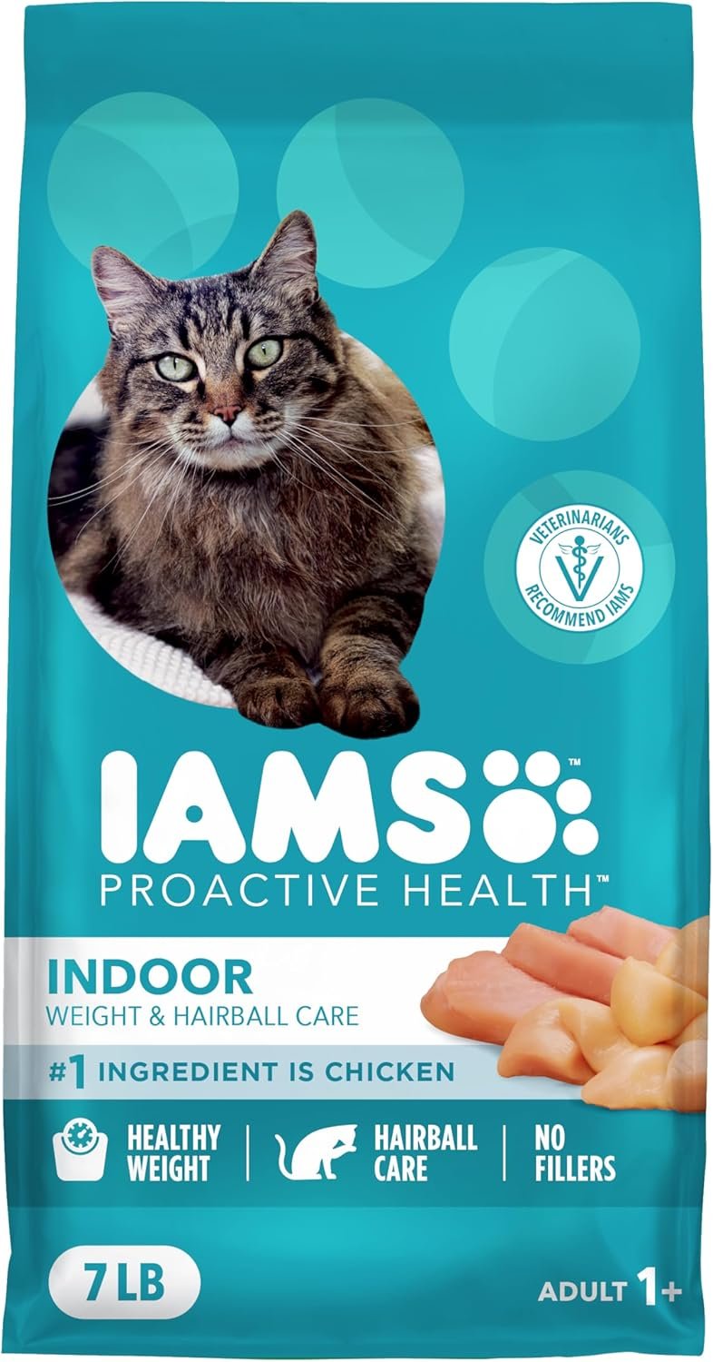 IAMS Proactive Health Indoor Dry Cat Food, Chicken & Turkey, 7 lb | Vet-recommended, Real Chicken #1 Ingredient, Proprietary Fiber Blend, Prebiotics for Healthy Digestion, Hairball Control