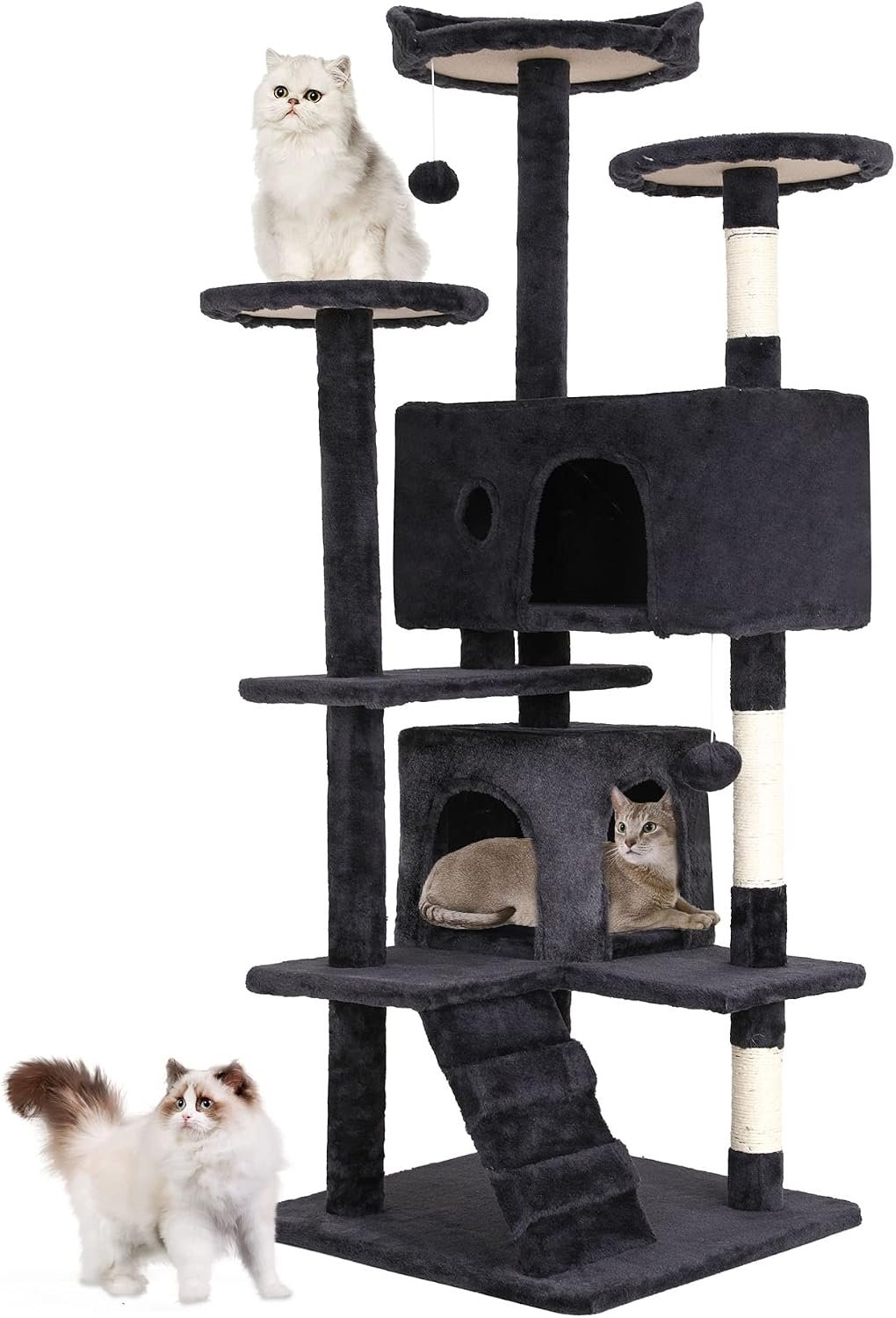 BestPet | 54″ Cat Tree Tower | Dark Gray | Sturdy Multi-Level Cat Tree | with Plush Condo, Cozy Perch, Sisal Scratching Posts, Hanging Toy and Hammock | Easy Assembly | for Kittens & Adult Cats