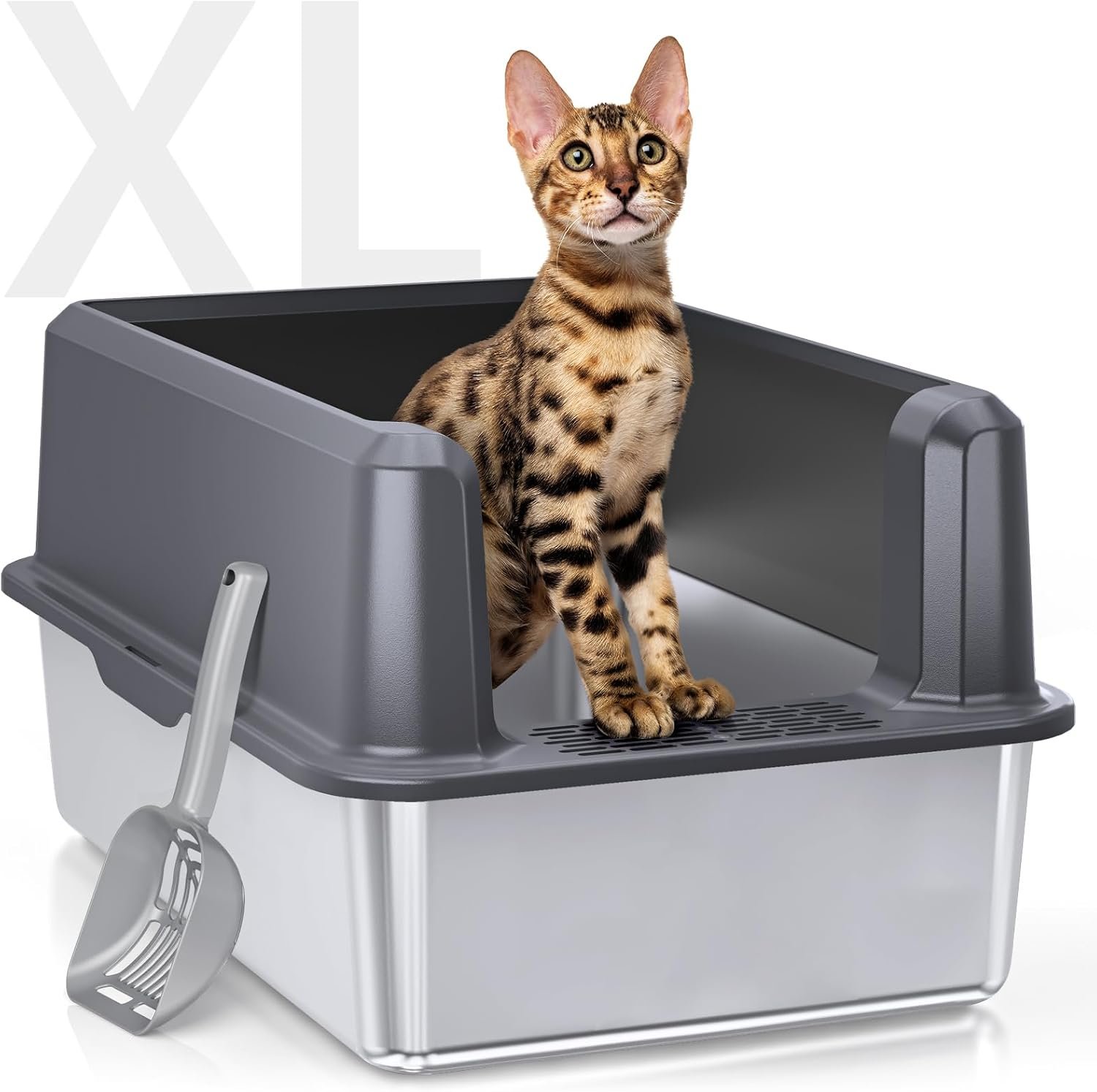 Stainless Steel Cat Litter Box, XL High Sided Open Top Litter Pan, 1 Scoop | Extra Large Litter Box for Big Cats, High Sides, Anti-Urine Leakage, Non-Stick, Odor-Free, Easy Clean, Reduce Litter Tracking