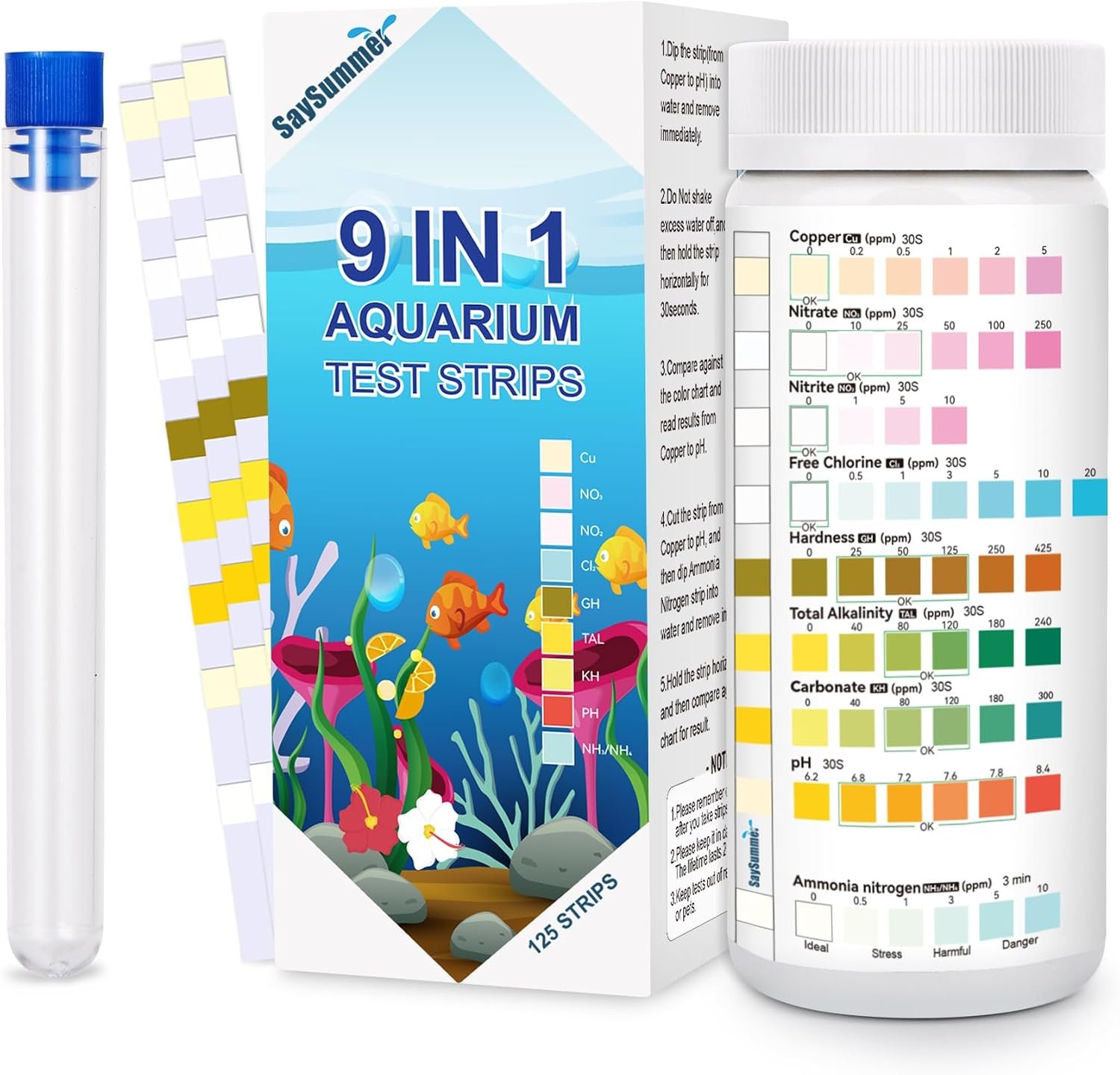 Aquarium Test Strips for Fish Tank: 9 in 1 Aquarium Ammonia Test Strips for Fish Tank – 125 Counts Aquarium Water Test Kit Testing Ammonia Nitrogen, Copper, pH and More