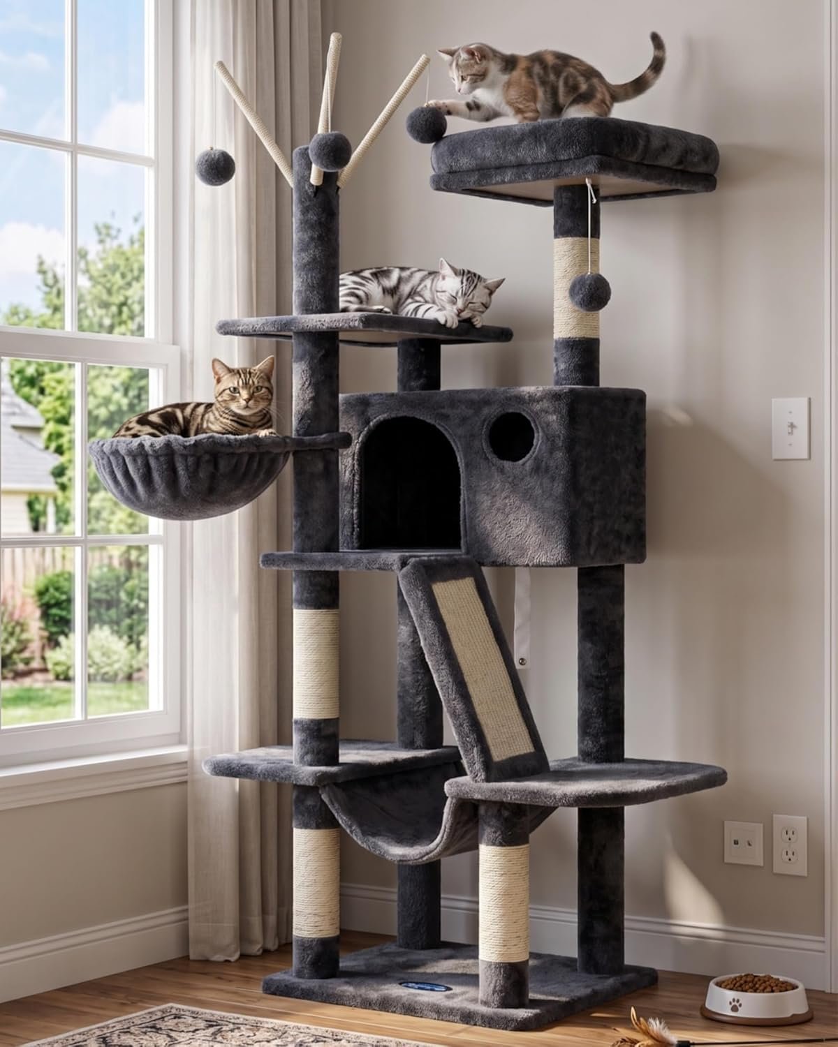 Hey-brother Cat Tree Tower with Padded Platform Bed, Hammock, MPJ019-SG | 53 Inches Cat House with Large Cozy Condo, Toy Balls and Sisal Scratching Posts for Indoor Multi-Cats, Smoky Gray