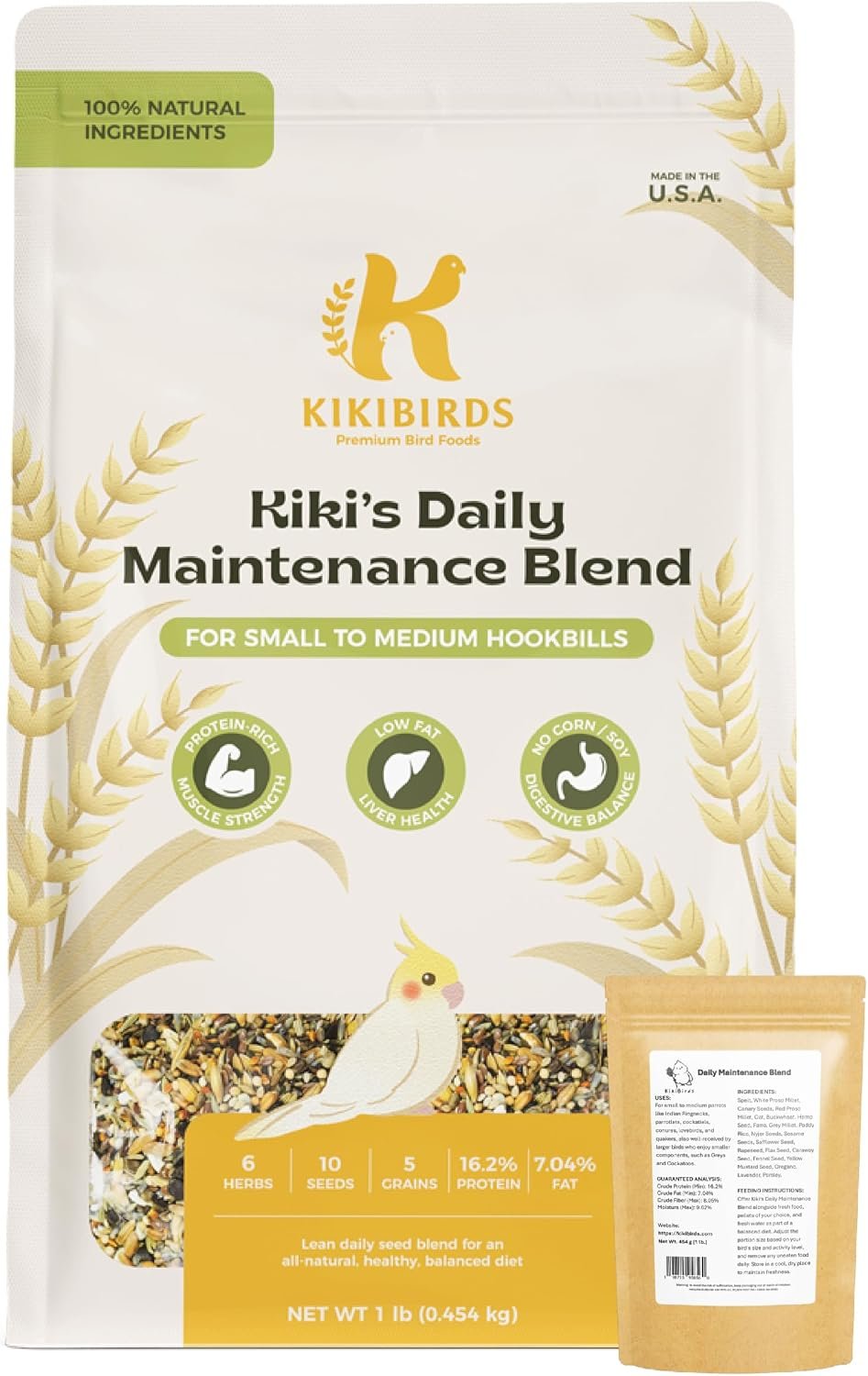 Premium Parrot Food| Protein-Rich Low-Fat Formula | Cockatiel, Conure, Lovebird, Quaker, Parrotlet | No Corn, Soy, Peanuts | Gourmet Whole Grains & Seeds | Daily Maintenance Blend (1 lb)