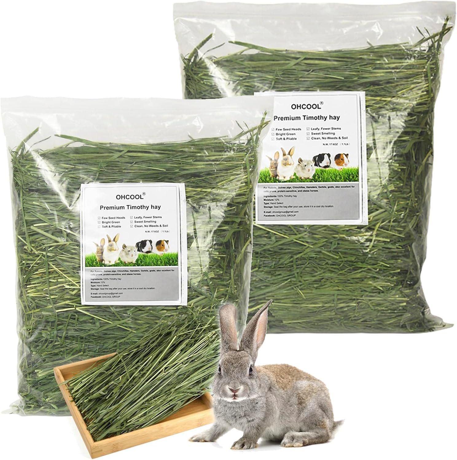 Timothy Hay, 2.2LBS Small Pet Feed | Premium dust free natural fresh timothy hay, for rabbits, tortoises, guinea pigs, chinchillas, 2 packs of 1.1lbs each