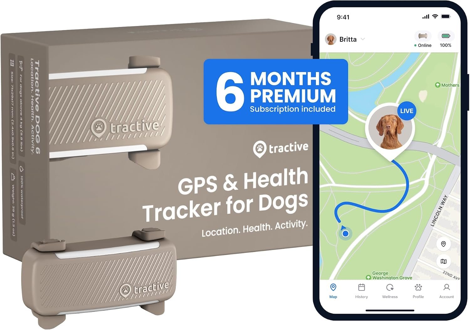 Tractive Smart Dog GPS Tracker with 6 Month Subscription | Live Pet Tracker with Virtual Fence | Vital Signs Monitoring of Heart & Respiratory Rate | Bark Monitoring | Dog Collar Attachment (Brown)