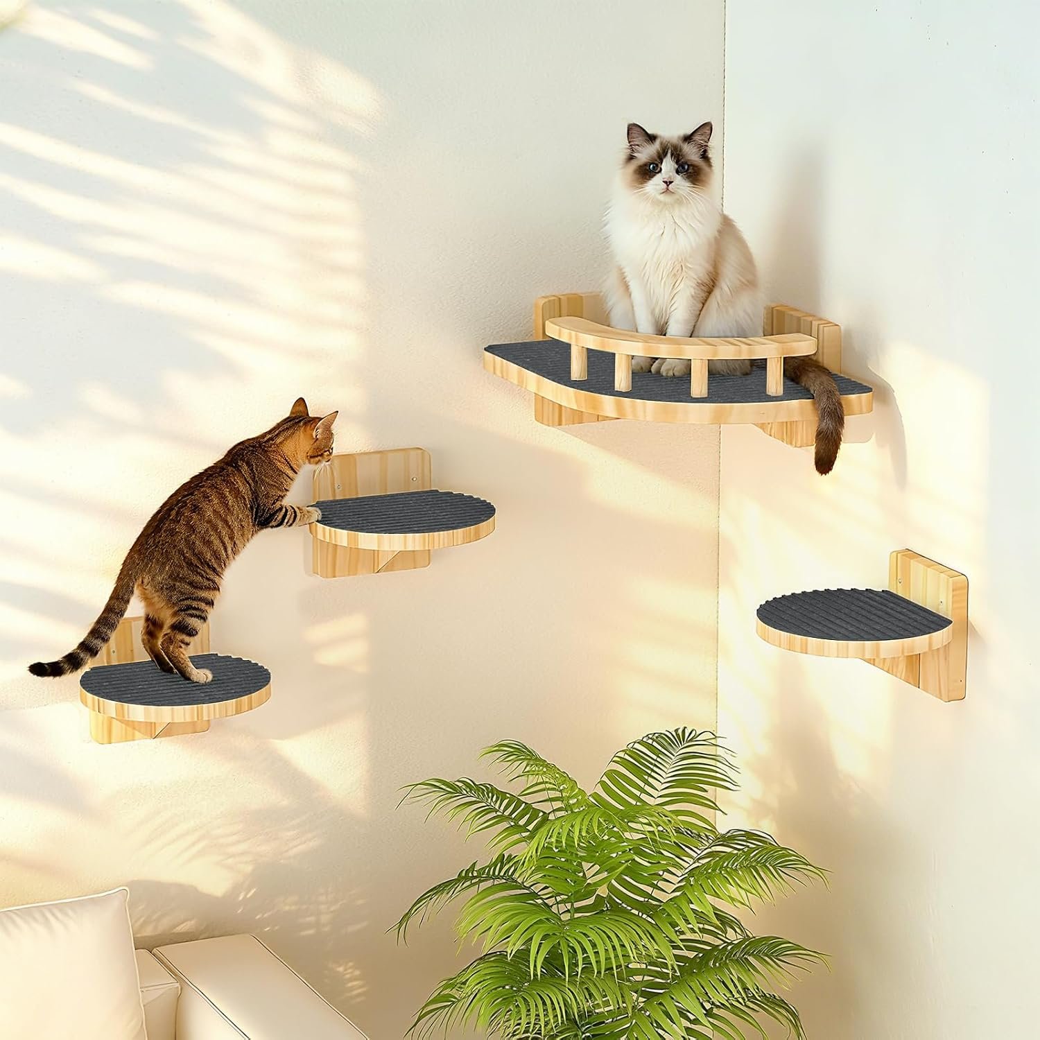XiaZ Cat Wall Shelves, Corner Cat Shelf with 3 Wide Perch Steps, Kitty Wall Climber Wooden Furniture up to 25lbs, Modern Floating Cats Stairs for Indoor Sleeping, Playing, Climbing