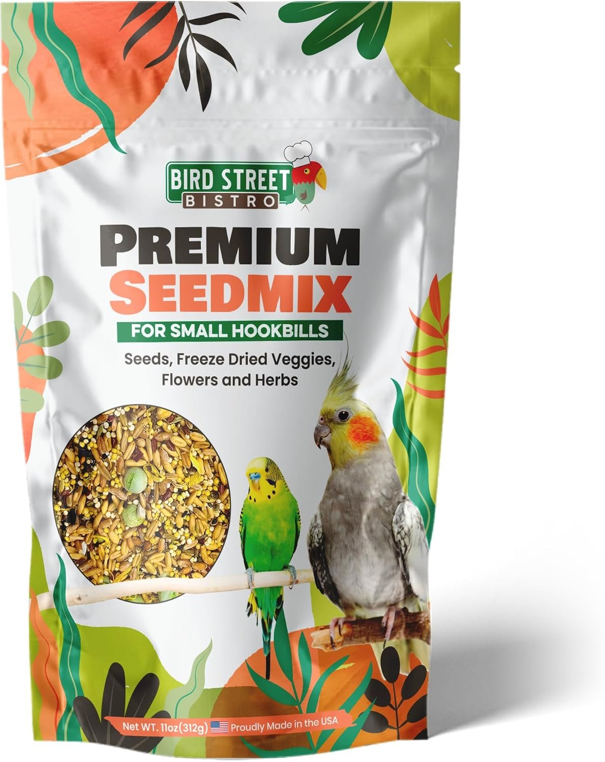Bird Street Bistro Premium Bird Seed Mix – Natural Foraging Food for Parrots, Conures, African Greys & Cockatiels – Healthy Whole Grain Parrot Food, No Fillers or Additives – 11oz Bag