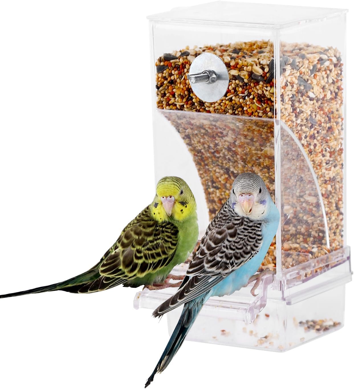 IBWell No Mess Automatic Bird Feeder for Cage – Parrot Feeder Inside Cage With Clear Perch and Acrylic Seed Food Container