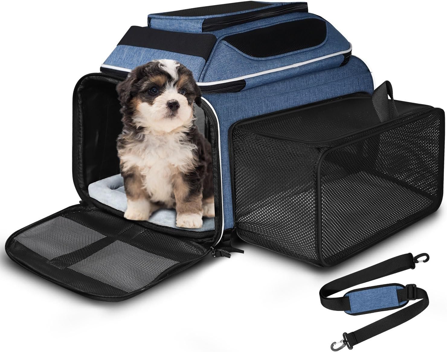 Petskd Top and Side Expandable Small Pet Carrier Airline Approved, Blue | 18″Lx11″Wx11″H, for Delta/United/American Airlines, Pets Under 10 Lbs, Lockable Zippers,Soft-Sided, Anti-Scratch Mesh