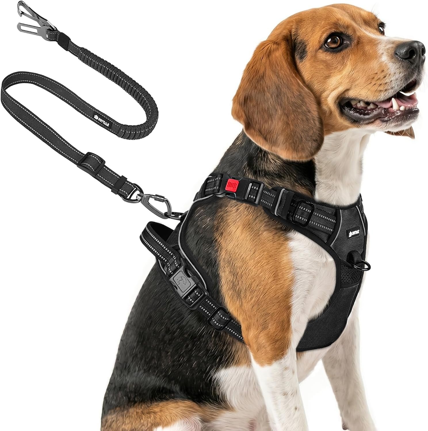 Joytale No Pull Dog Harness & Seat Belt, Easy On 3-Buckle, M, Black | Front Clip Reduces Pulling, Escape-Resistant Design, Adjustable Fit, Soft Padding for Comfort, Secure Tether for Safer Travel