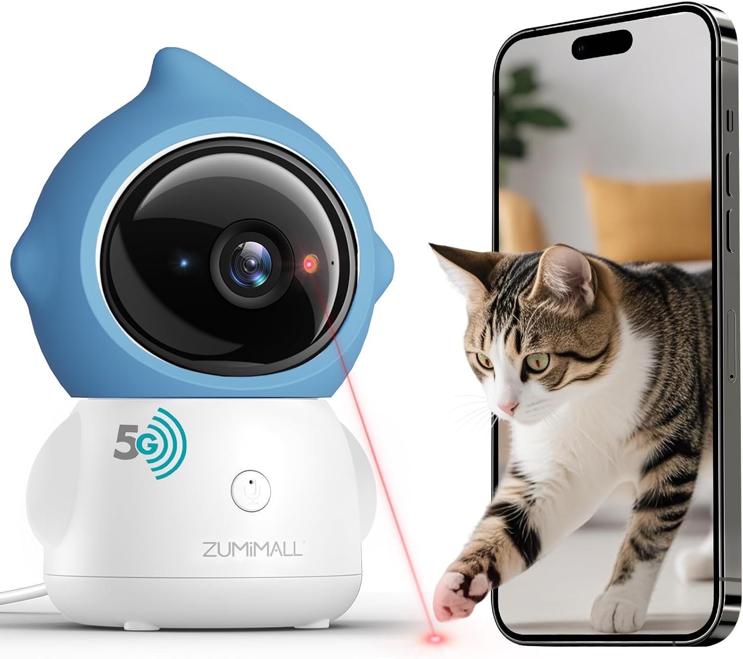 ZUMIMALL Pet Camera with Laser Toy, 2K WiFi Dog Cat Camera with Phone App | Features auto tracking, AI/PIR smart pet detection, 2-way talk, privacy protection, 2k camera with laser, Supports Alexa