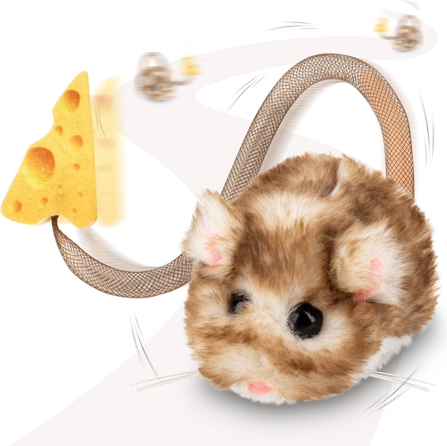 Migipaws Interactive MigiMouse Cat Toy 360° Rolling & Spin with Mesh Plastic Tail for Indoor Cats Smart Motion Sensor, Realistic Squeak, Rechargeable Plush Kitten Toy(Brown Long)