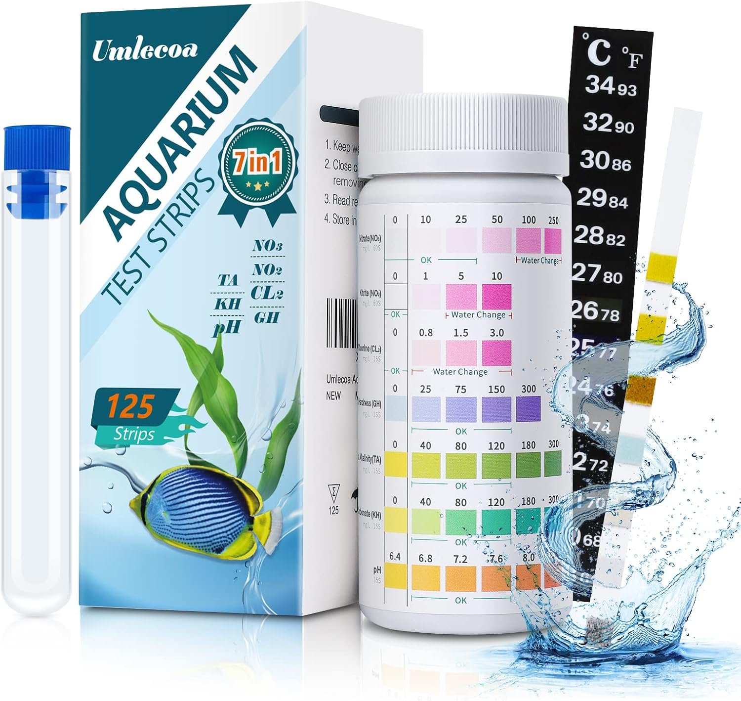 Umlecoa 7 in 1 Aquarium Test Kit for Freshwater and Saltwater – 125 Aquarium Test Strips with Test Tube & Thermometer – Fast & Accurate Water Testing Strips for Aquarium/Pond/Pool
